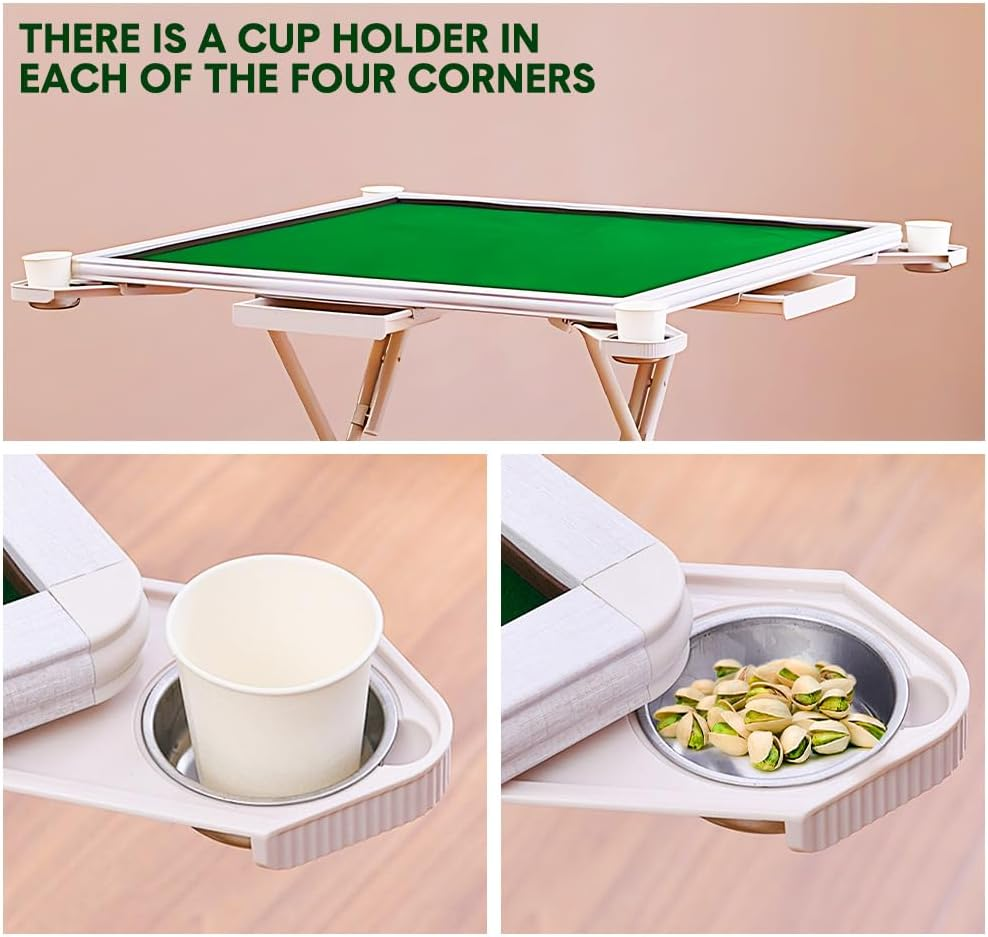 ALSTON Folding Mahjong Table 4 Players Square Mahjong Card Table Portable Game Table, Pink/Green Felt Surface with Cup Holders and Drawers, 88X88X73Cm (Green) image number 1