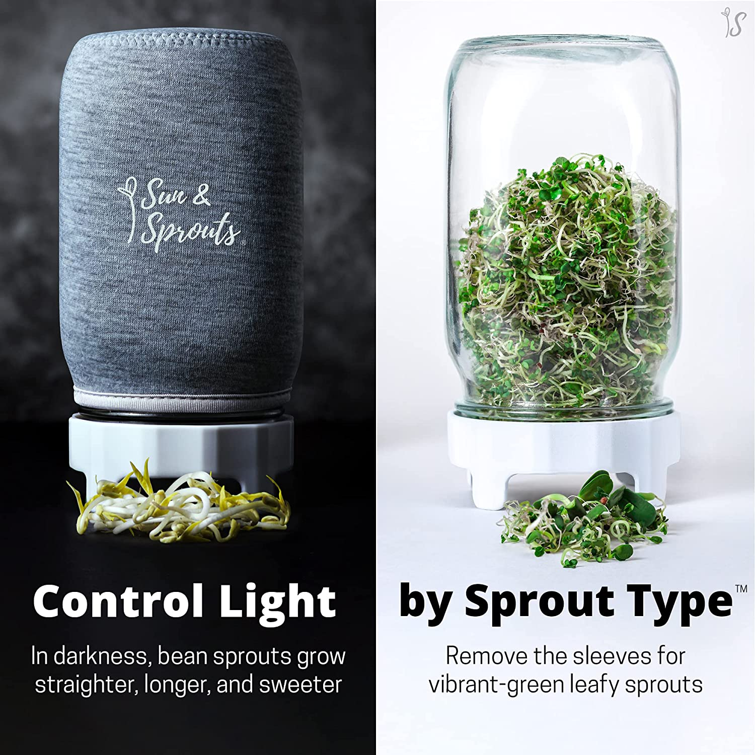 Sun & Sprouts Complete Sprouting Kit - 2 Large Wide-Mouth Mason Jars, Premium Screen Lids, Blackout Sleeves, Tray and Sprouter Stand - for Growing Broccoli, Mung Bean, Alfalfa Sprout from Seed image number 6
