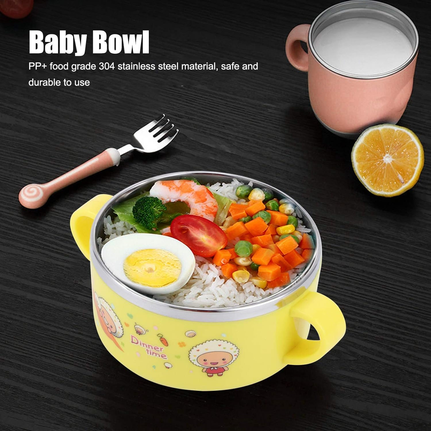 Children Cartoon Stainless Steel Feeding Bowl Heat Insulation Baby Rice Bowl Kids Kitchen Utensils (Yellow) image number 4