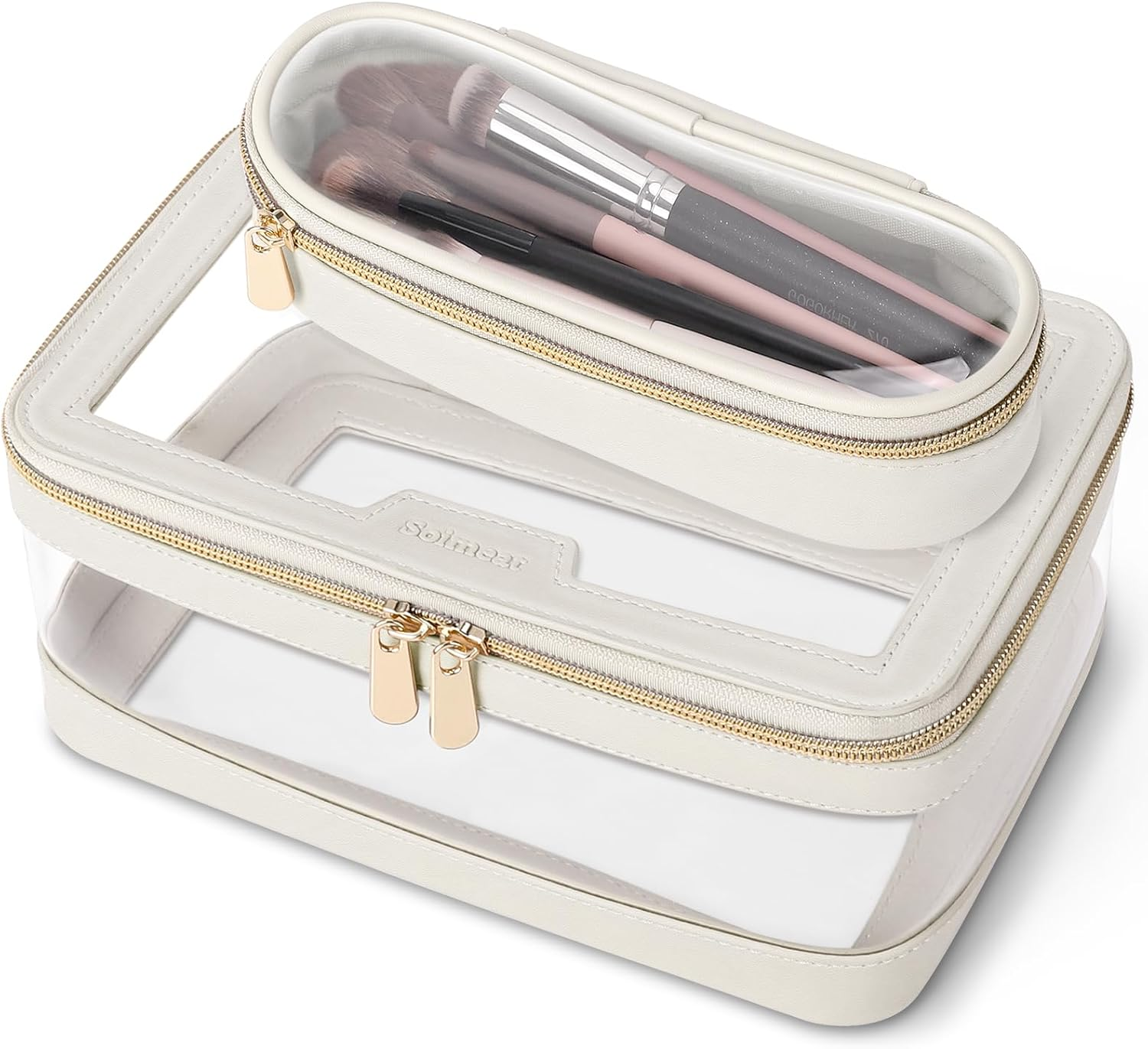 Travel Clear Makeup Bag with Makeup Brush Bag, Leather Makeup Case Toiletry Bag, Portable Cosmetic Bag Case, Transparent Waterproof Cosmetic Organizer Storage Bag for Women, Off-White, L image number 4