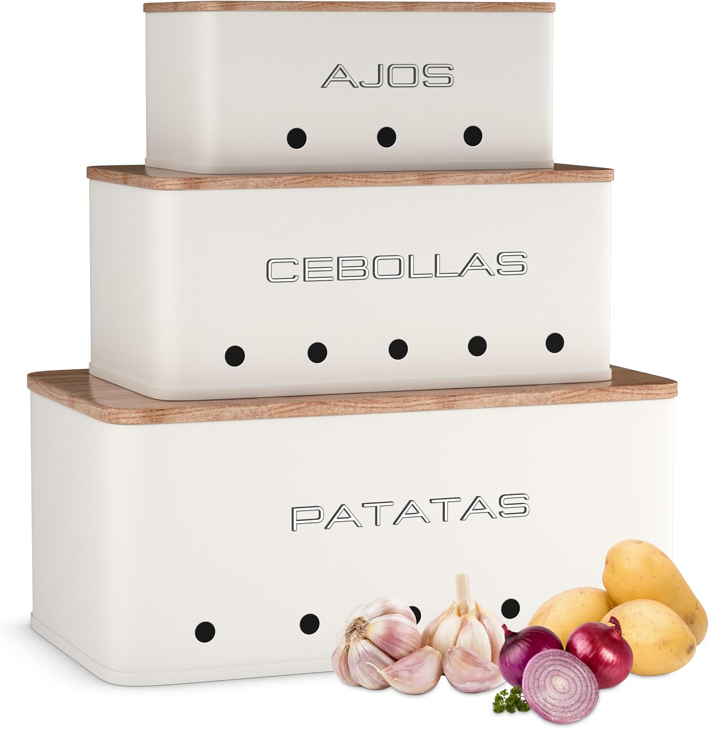 KOOK TIME Potato Storage Box - Set of 3 Storage Potatoes Onions Garlic - Vegetable Storage with Small Ventilation Holes to Ensure Air Circulation (Black)