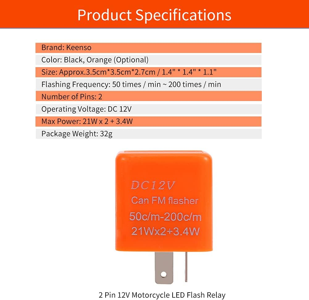 2-Pin Flasher Relay, 12V Speed Adjustable LED Electronic Flasher Relay Universal Motorcycle Turn Signal Indicator for Turn Signal Light Fast Hyper Flash (Orange)