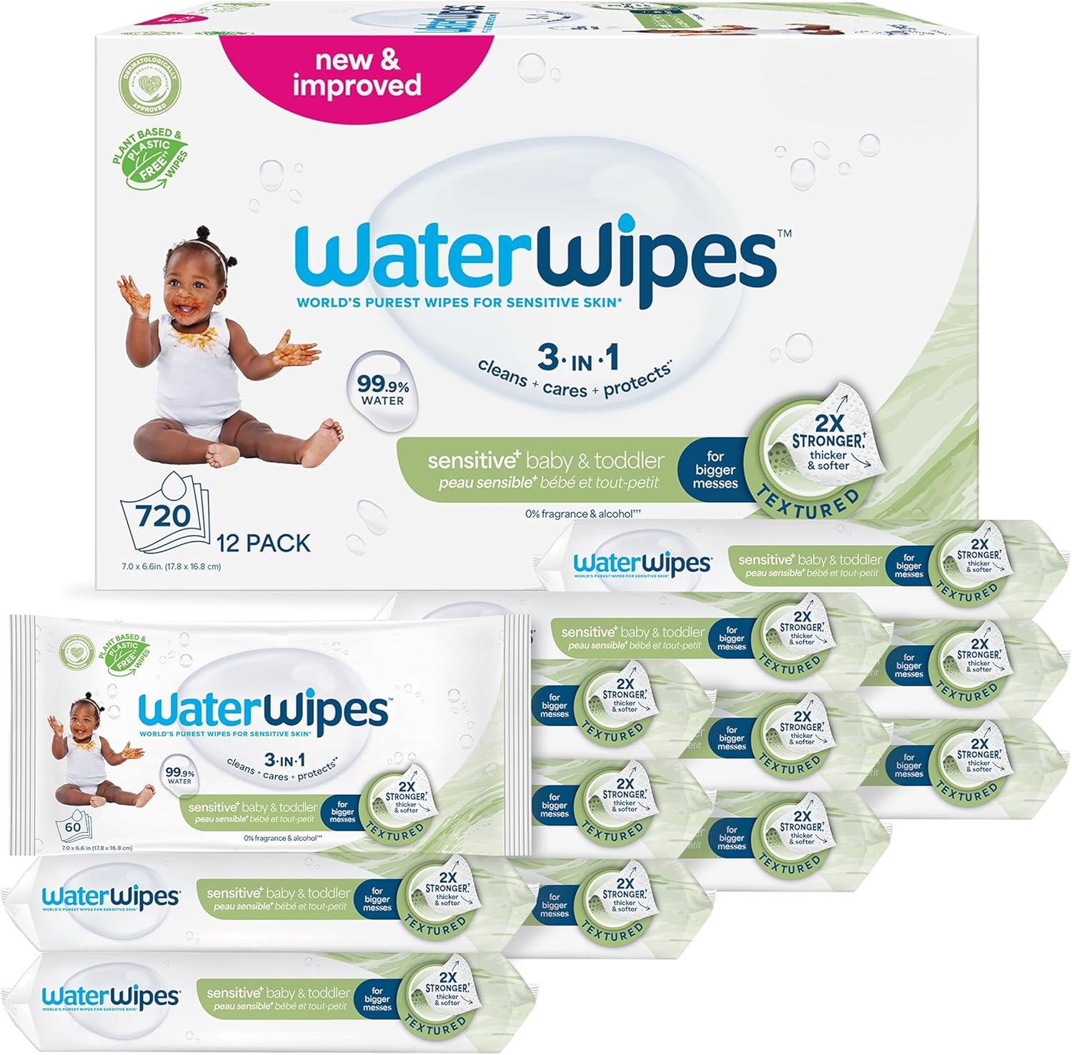 Waterwipes Baby Wipes, Textured Sensitive Baby Diaper Wipes, 99.9% Water, Unscented & Hypoallergenic, for Baby & Toddlers, 12 Packs (720 Count), White image number 4