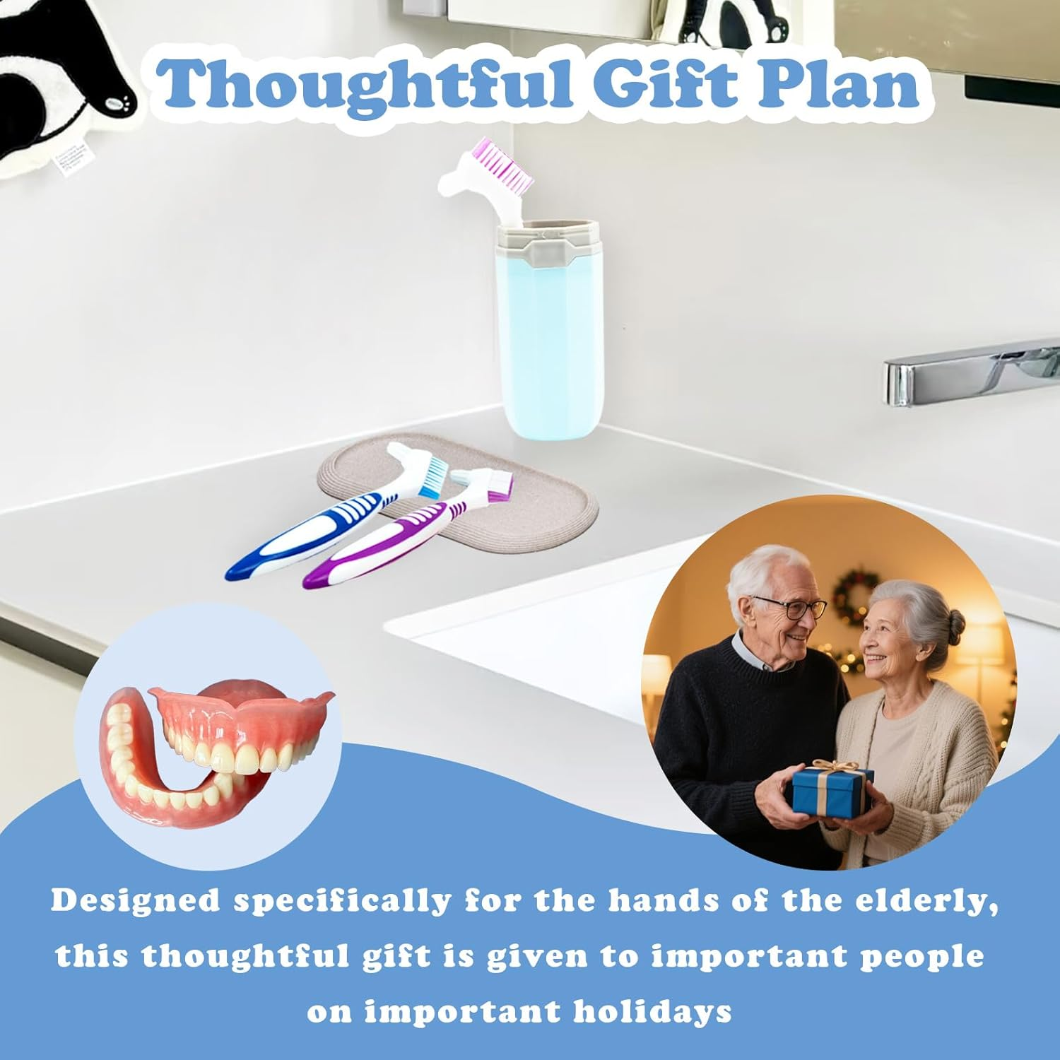 4 Pcs Denture Cleaning Brush and 1 Pcs Storage Case, Portable Denture Toothbrush, Retainer Brush With, Double Sided Toothbrush (4 Colors and Blue)