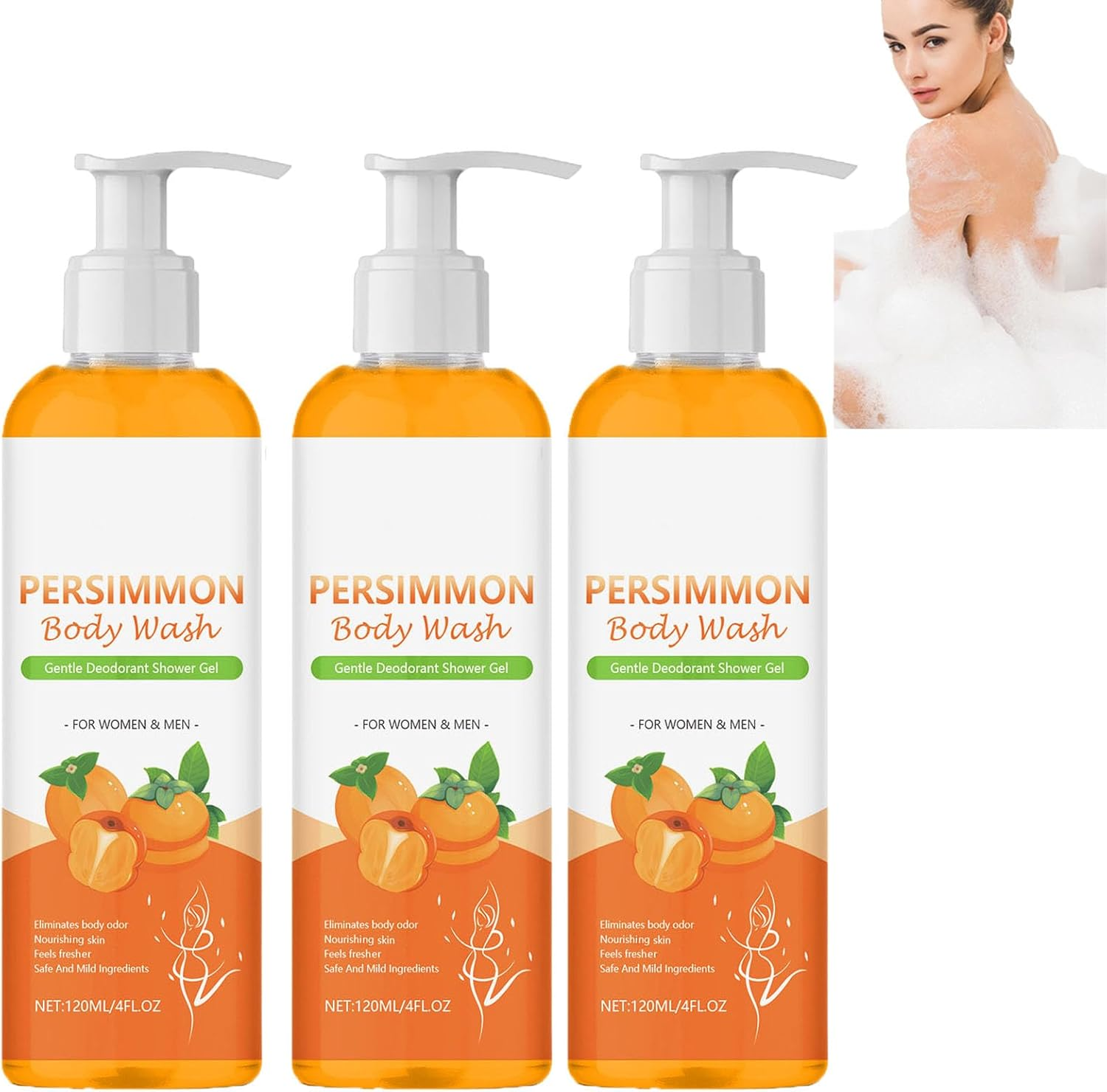 Persimmon Body Wash for Body Odor, Natural Persimmon for Old People Smell, Natural Deodorant Body Wash for Strong Odor Smell Remover, Fresher Scent, Deeply Cleansing & Moisturizing Body (3Pcs)
