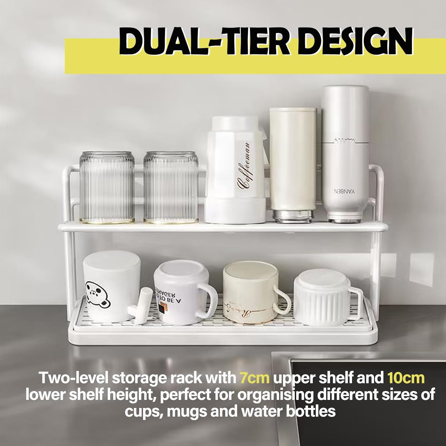 2-Tier Cup Drying Rack, Draining Organiser with Storage for Mugs and Bottles, White image number 1