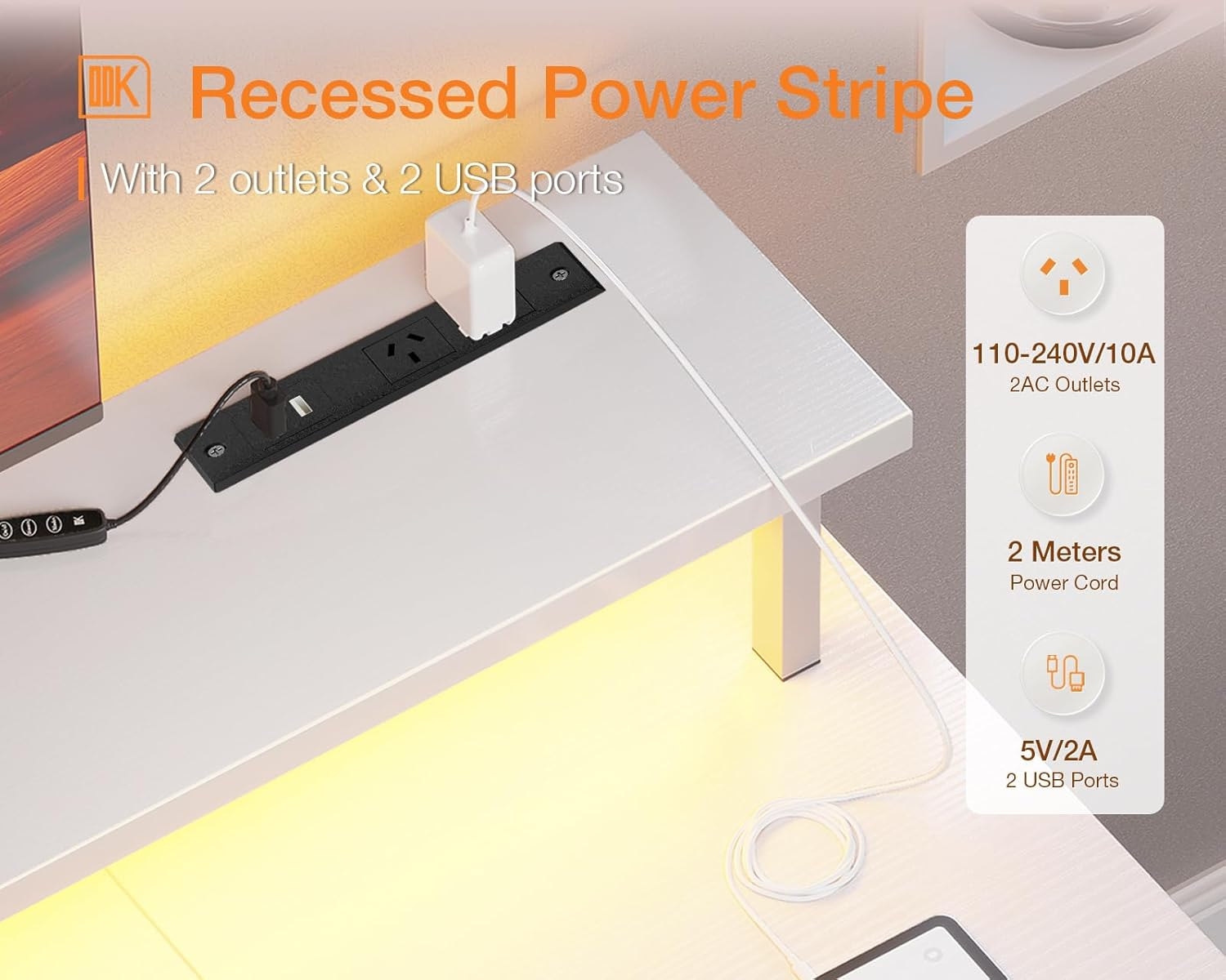 ODK Computer Desk with RGB Light Strip & Built-In Socket, Office Desk with Large Monitor Stand, Gaming Table with Monitor Stand, 120 * 50 * 86.8Cm,White image number 4