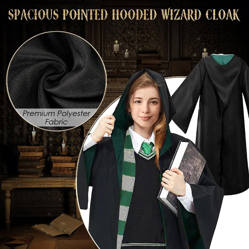 AUTOWT Unisex Wizard Cloak Costume Set for Adults, 6Pc Magician Wizarding Robe Outfits with Hooded Cape Magic Hat Wand Scarf Glasses Tie Movie Dress up Accessory for School Carnival Halloween Cosplay image number 2