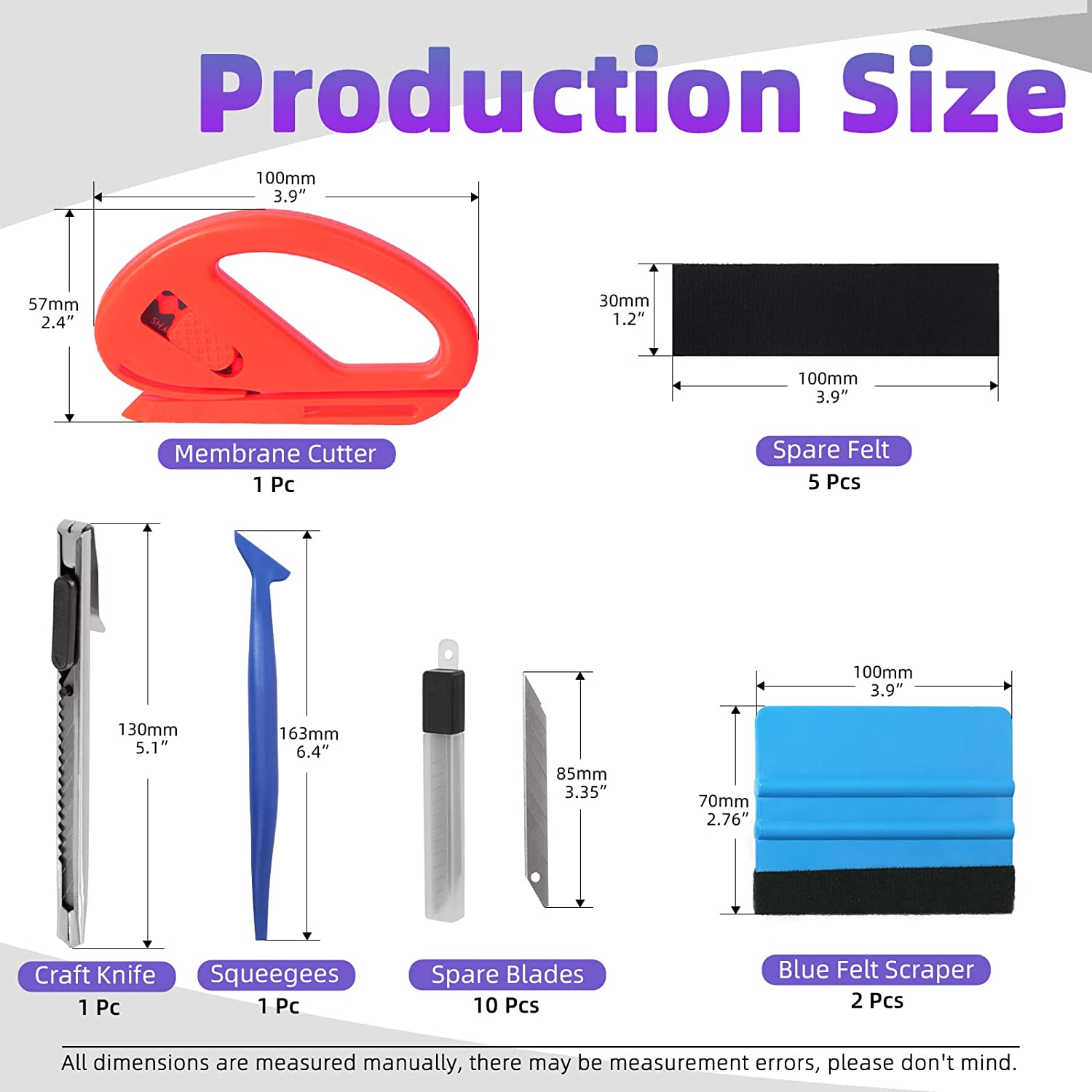 Swpeet 20Pcs Vehicle Vinyl Wrap Window Tint Film Tool Kit, Including Felt Edge Squeegee, Spare Felt Replacement, Wrapping Paper Cutter, Soft Mini Blue Edge Trimming Squeegee Tool, Utility Knife image number 3