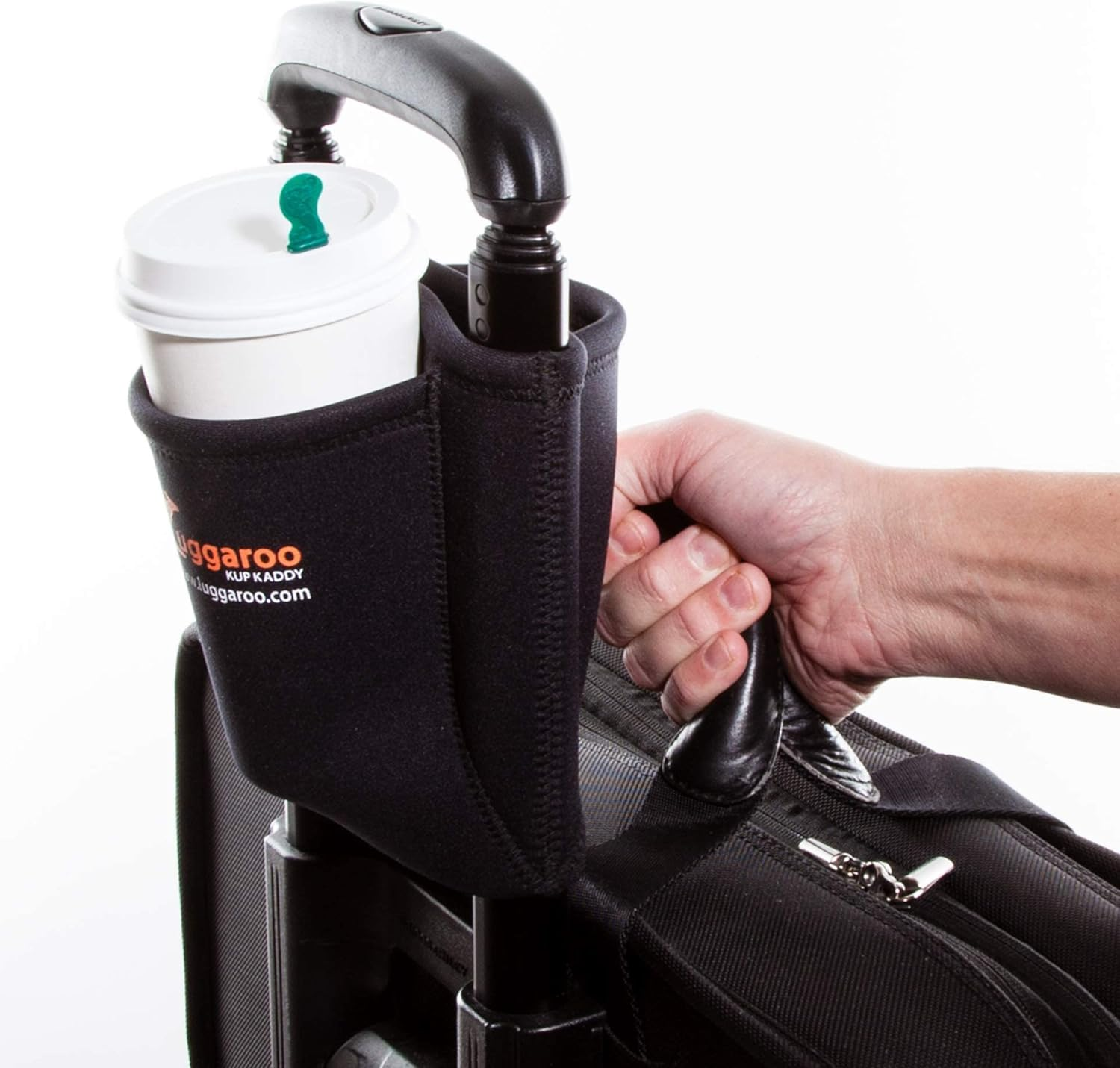 Luggaroo Kup Kaddy - the Original Premium Carry on Luggage Cup Holder - Travel Accessory for Air Travelers - Securely Transport Coffee to Go Cups, Plastic or Glass Bottles, Cans, Snacks, Smartphones, Boarding Passes, Magazines, Newspapers, You Name It! Stows Flat for Quick Easy Storage., Black image number 2