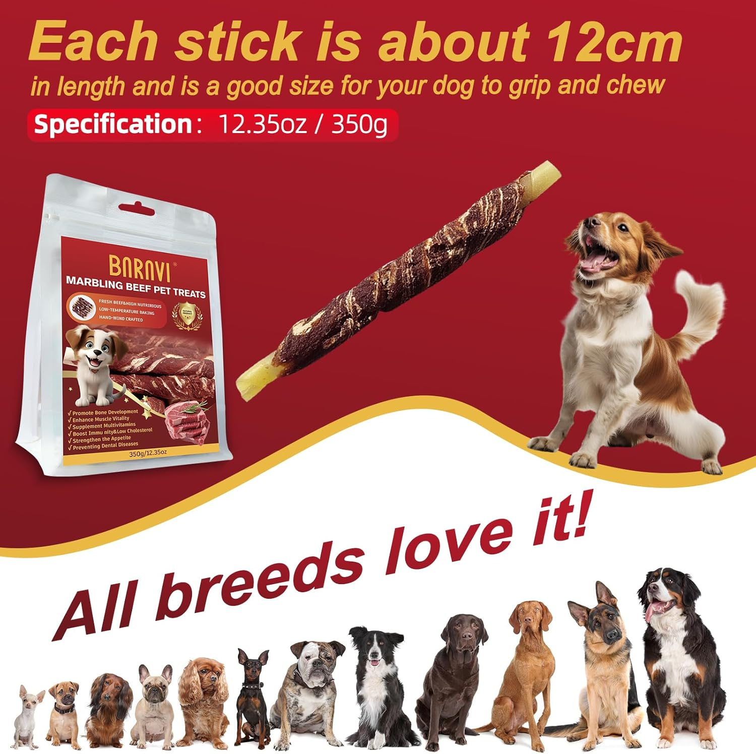 Dog Treats, Marbling Beef Dog Rawhide Sticks, Made with Fresh Beef, Clean Teeth Naturally While Chewing, 350G image number 2