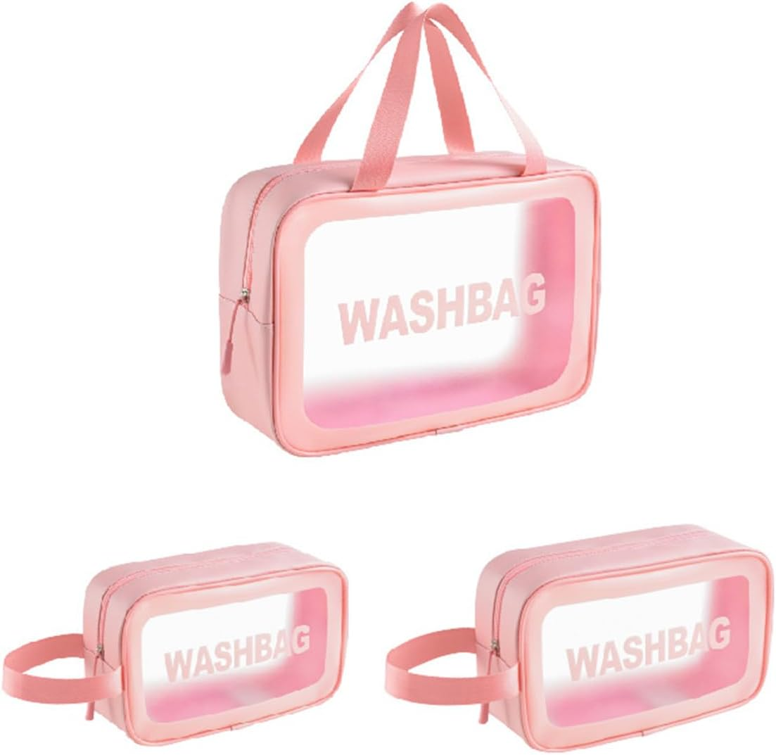 Set of 3 NUZAMAS Travel Toiletry Bag Transparent Makeup Bag Clear Waterproof Cosmetic Bag 3 Size of Travel Organizer Bag for Women and Girls Pink image number 3