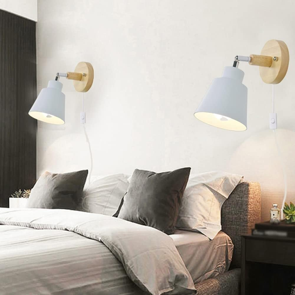 YPDTSNGV Scandinavian Log Creative Bedroom Bedside Wall Sconce Wall Light with Plug in Cord, Nordic Style Plug-In Wall Light Strip and Switch, Metal 1 Head Macaron White Wall Mounted Lamp(White)