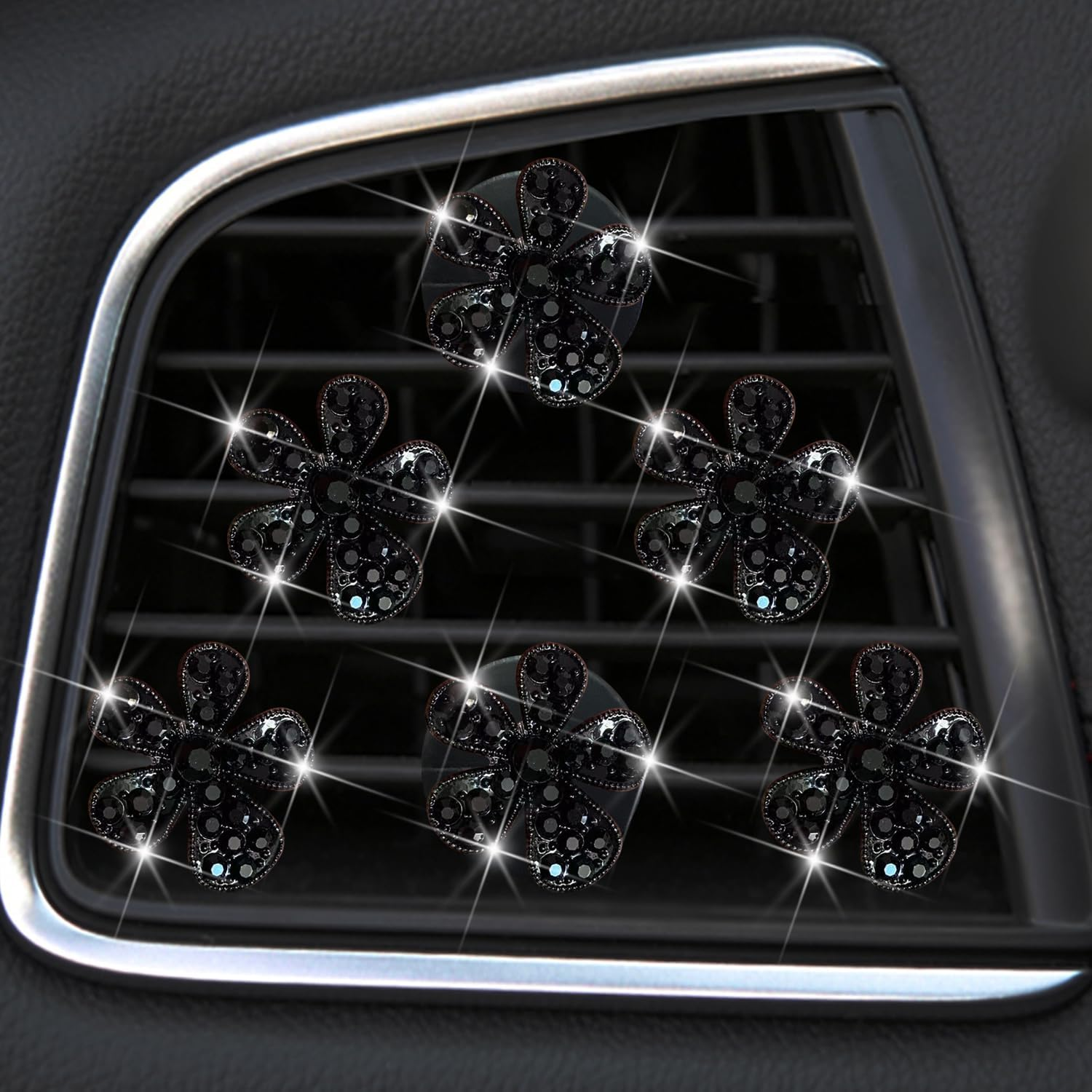 6 Pcs Black Daisy Air Vent Clips, Cute Flower Car Air Fresheners Vents Clips Diamond Vent Clip Car Interior Decor Charm Bling Car Accessories Car Decoration for Women&hellip; (Silvery, 2)