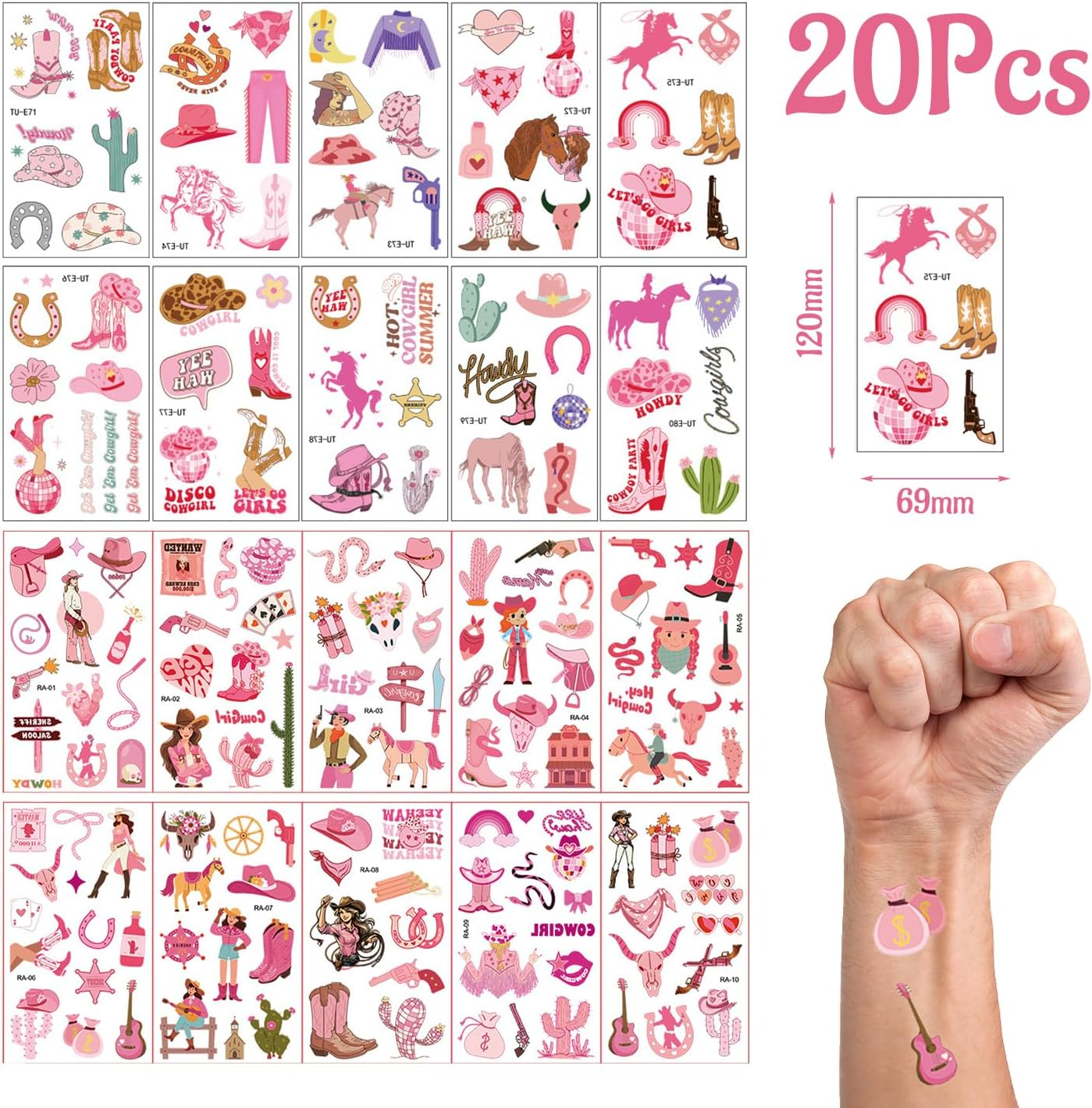 20 Tattoo Stickers, Pink Cartoon Cowboy Pattern Stickers, Cute Face Stickers for Kids Decoration, Party Temporary Tattoo Stickers image number 2