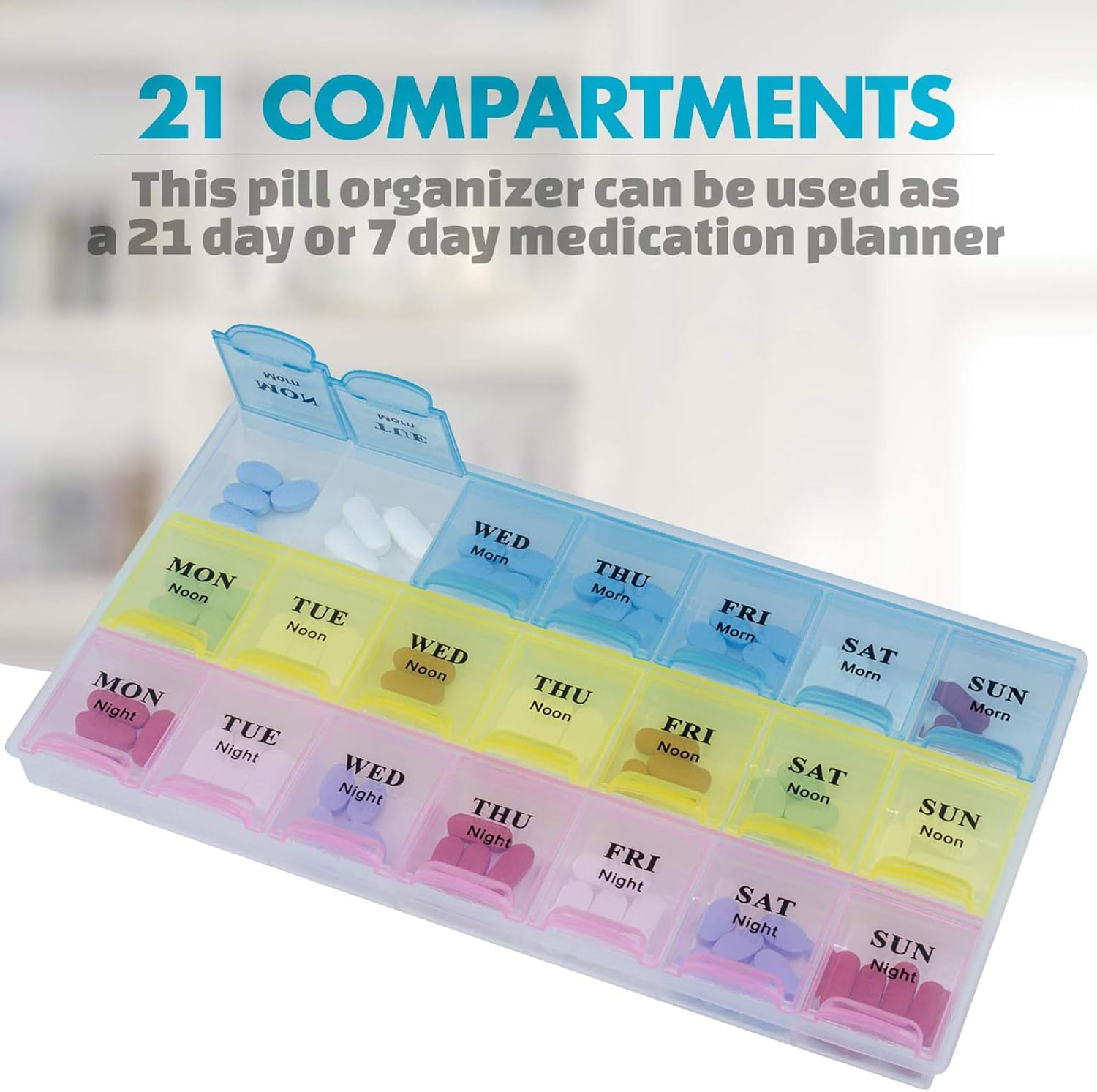 Pill Organizer Portable Multi-Color Transparent PP Material Pill Box Travel Pill Organiser for Pills Vitamin Fish Oil Supplements at Morning Noon Night 7 Days image number 4