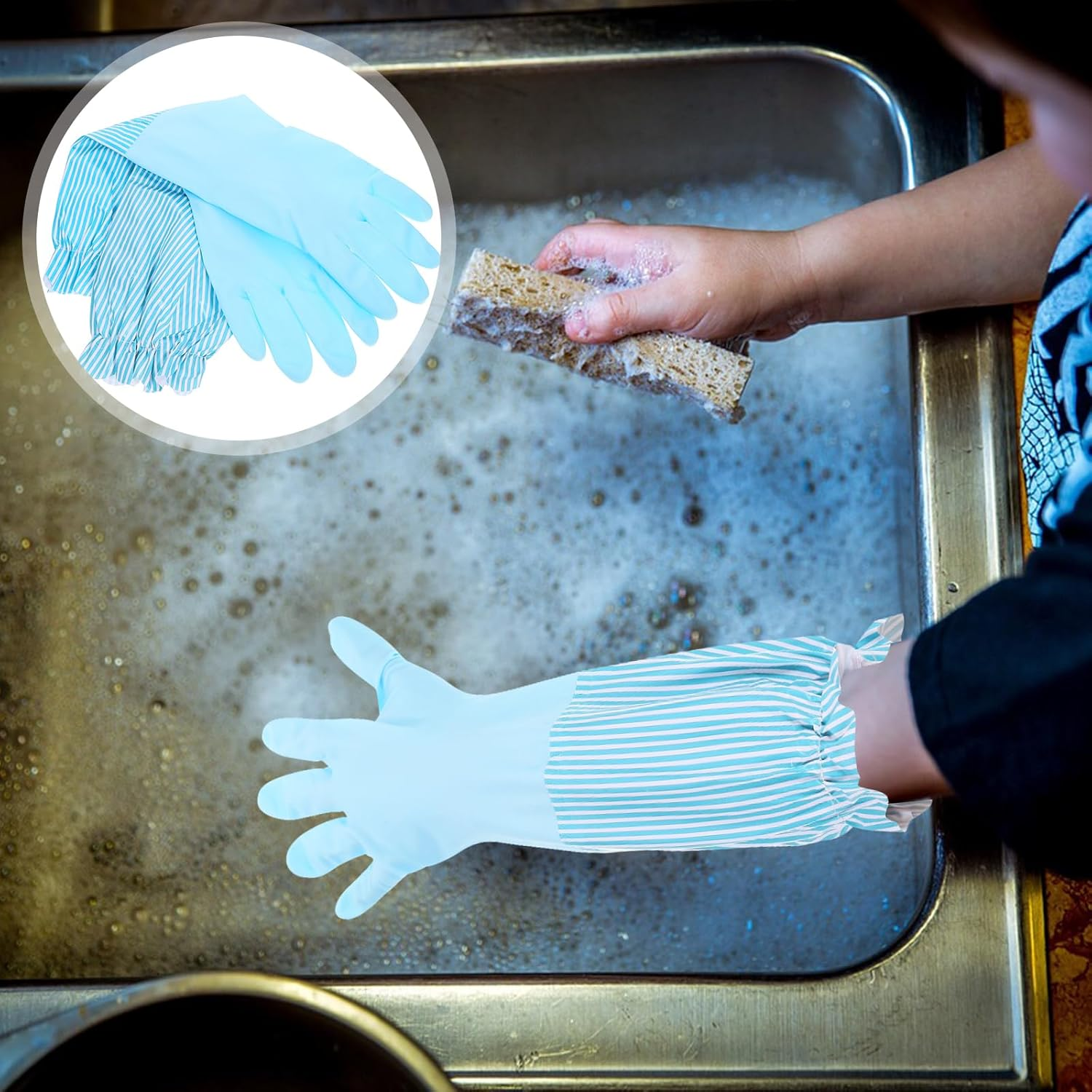 Dish Washing Gloves, Fleece-Lined Long Cuff Reusable Waterproof Household Dishwashing Non-Slip Cleaning Rubber Gloves image number 1