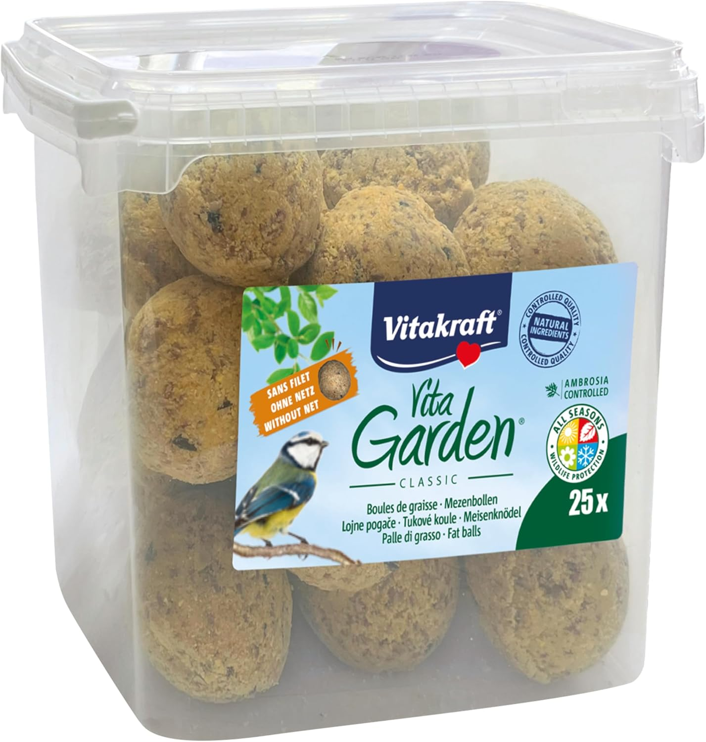 VITAKRAFT - Vita Garden - Fat Balls Bucket without Net for Garden Birds - All Weather Bird Food - Pack of 25