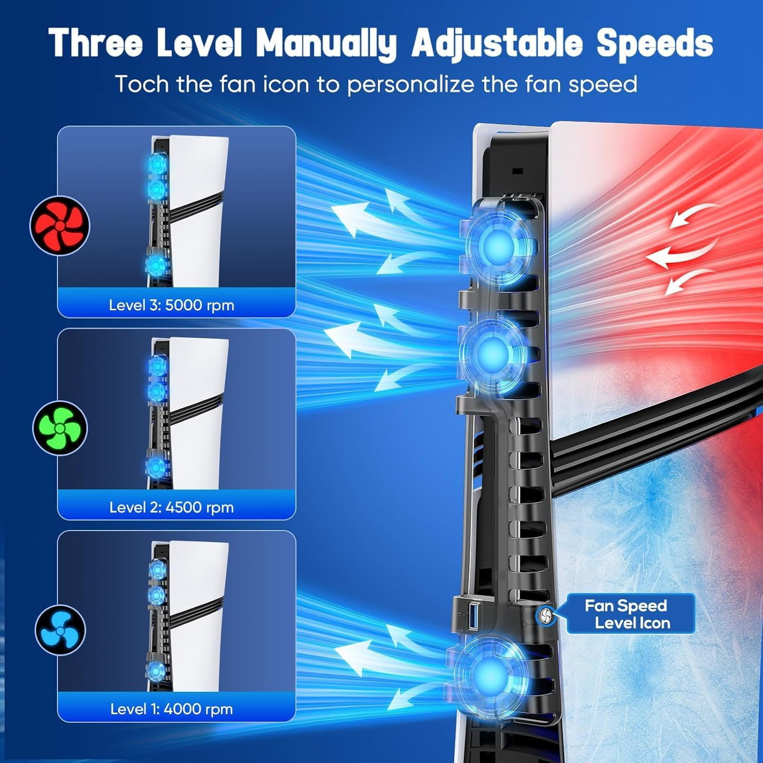 Cooling Fan for PS 5 Pro/Slim Console, PS 5 Silent Enhanced Cooling Fan with 3 High-Speed Fans & USB 3.0 Port, Auto Fan Speed Adjustable by Temperature, Auto Power On/Off image number 3