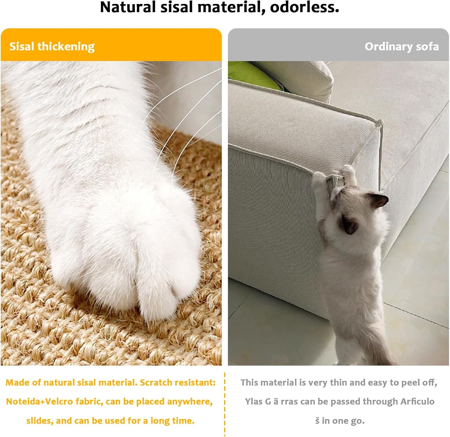 Ruaizel Cat Scratching Mat, 2 Pcs Natural Sisal Cat Scratch Mat, Horizontal Cat Floor Scratching Board, Protect Furniture and Sofas (60 * 40Cm+30 * 40Cm) image number 3