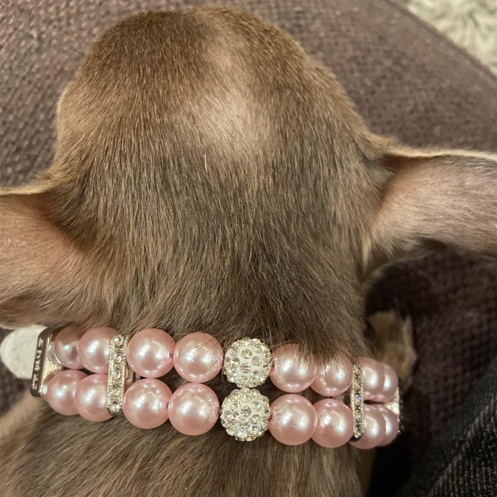 MOTTDAM Bling Rhinestone Pet Dog Jewelry Chihuahua Collar, Pearl Collars, Collar Leather, Necklace Crystal Jewellery Christmas Decor for Puppies Cat Pet(L Pink 1.5X37CM) image number 5