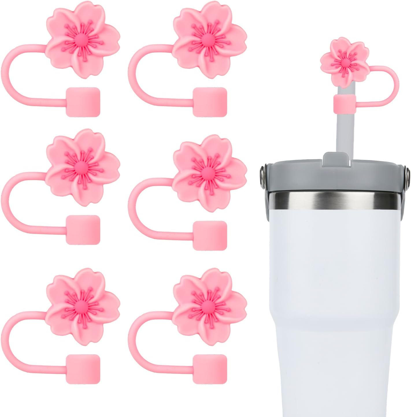 6Pcs 10Mm/0.4" Flower Straw Tip Topper for Stanley Sippy Cup, Pink Cherry Blossom Silicone Lid Cover Cap Reusable Seal Straw Plug Dust Proof Cute Straw Protector Accessories for 30 & 40 Oz Tumbler image number 2