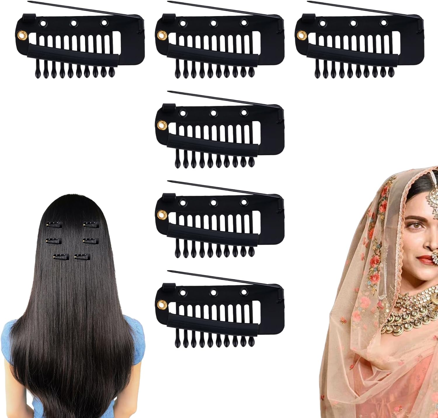 6Pcs Chunni Clip with Safety Pins Wig Clips to Secure Hair Accessories Hair Extension Clips for Dupatta, Hijab Indian Costume, with Rubber Snap to Easy Operate (Black)