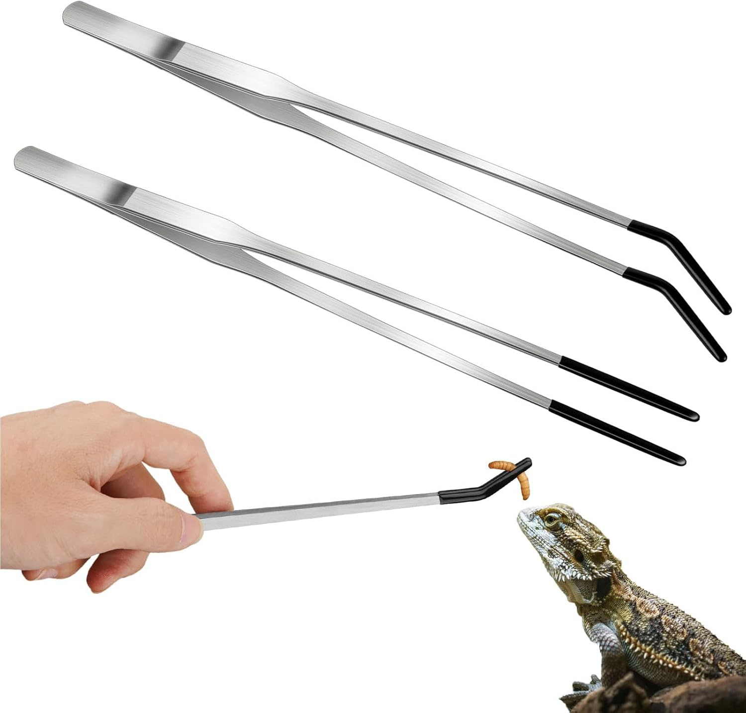 2PCS Stainless Steel Reptile Feeding Tongs with Rubber Tip,Crested Gecko Tank Accessories,10.6&rdquo; Heavy Duty Extra Long Tweezers Straight & Curved Long Tweezers for Aquarium & Terrarium or Craft