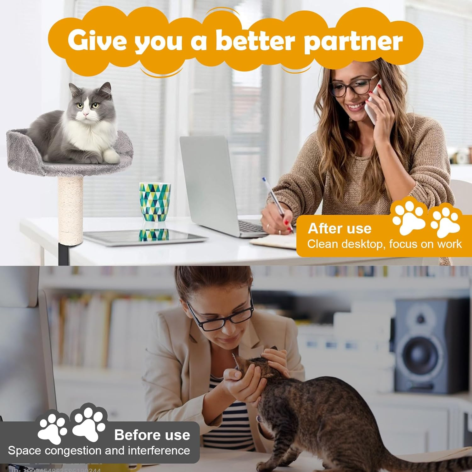 Cat Desk Bed with Scratching Pillar Plush Soft Padding Allow Your Lovely Cat Study and Work with You up to 9 Lb Load image number 3