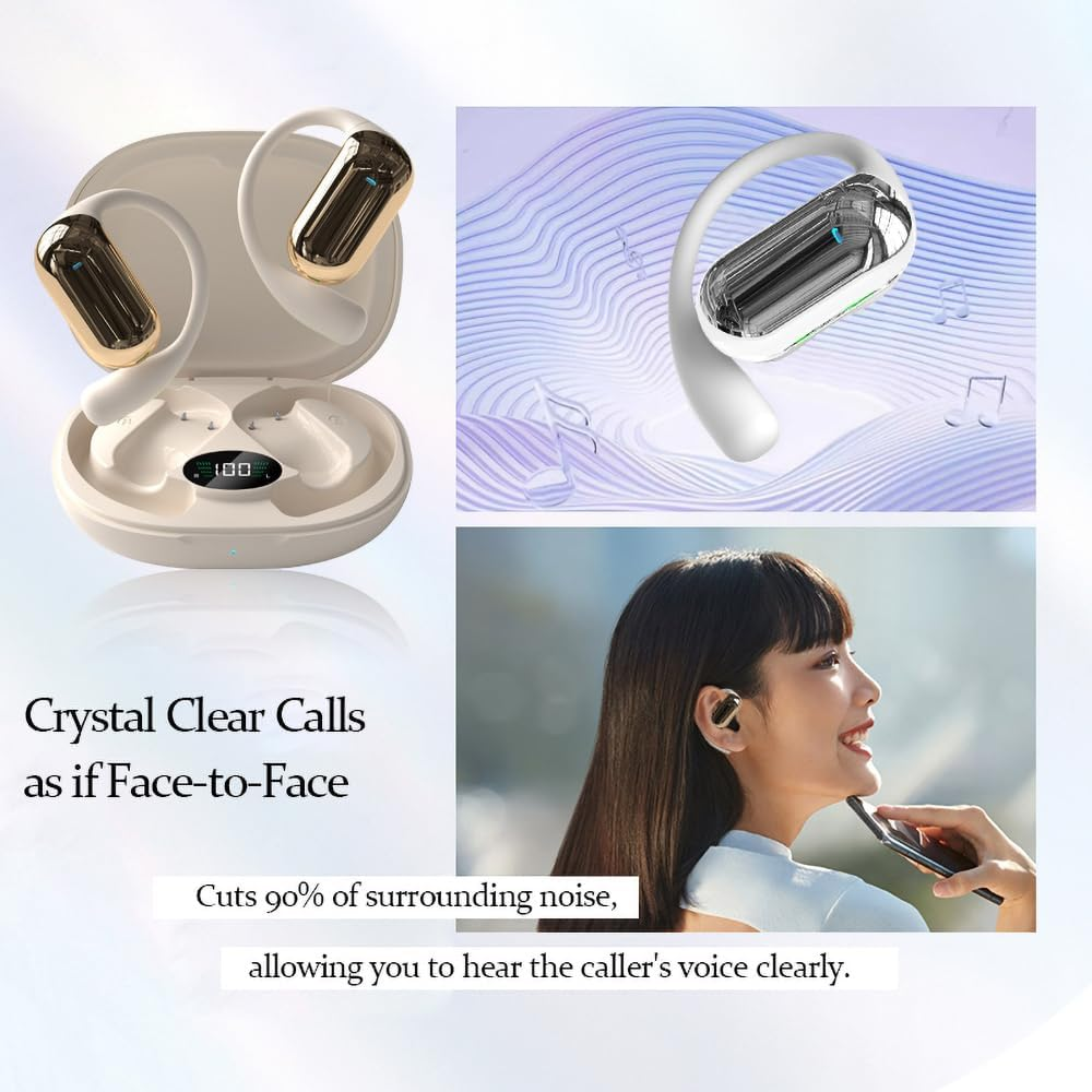 Air Line Headphones, Bluetooth 5.4, Clear Conversations, Single Sided/Dual Sided Automatic Pairing, Large Charging Case - Ideal for Sports, Commuting and Gaming (White) - White image number 2