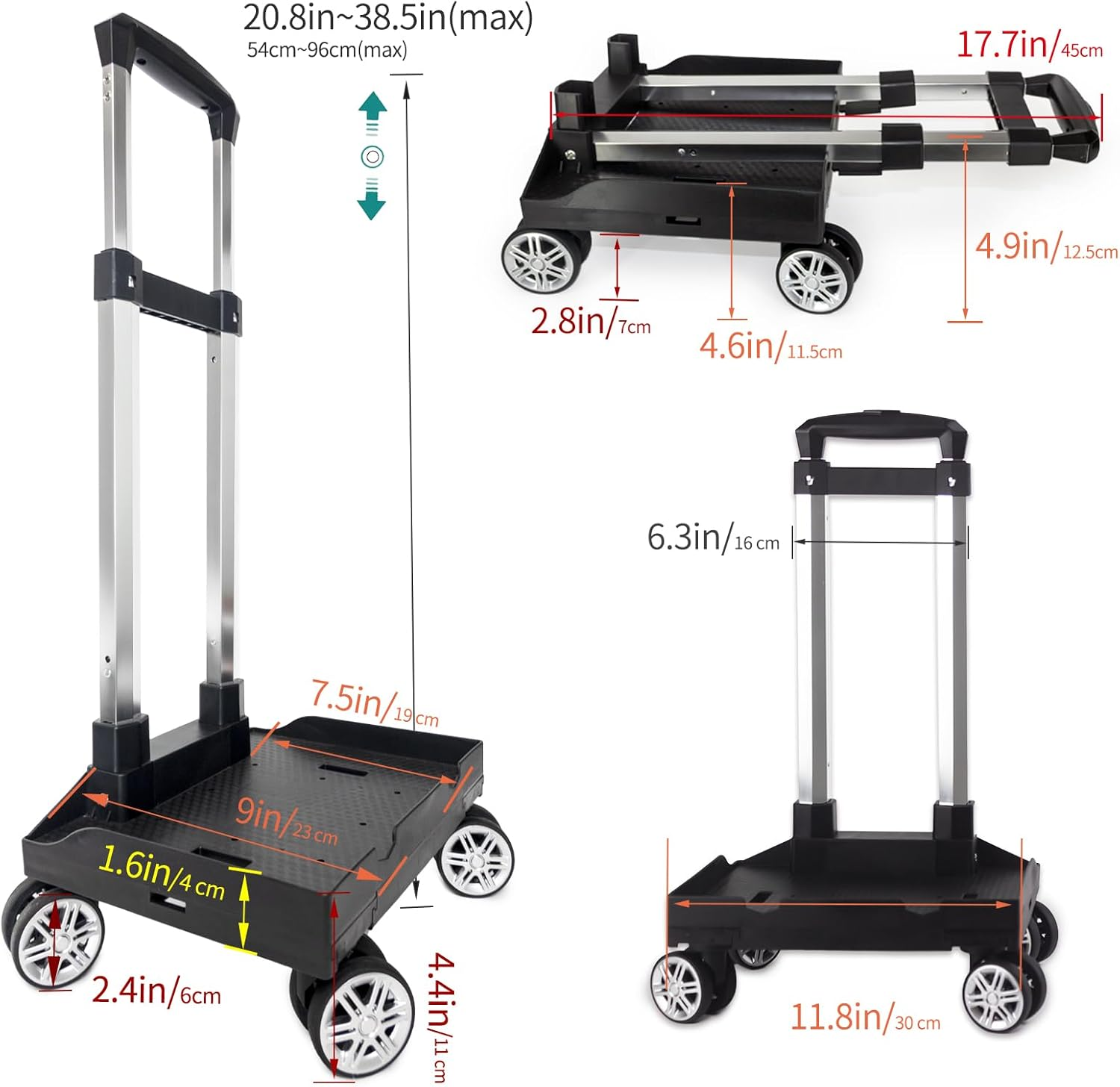 Backpack Trolley Wheeled Cart, Foldable Aluminium Alloy Hand Truck with Edge Guard Base, 4 Spinner Wheels, Luggage Cart with Luggage Strap for Teenagers, Adults, School,Luggage Trolley for Travel