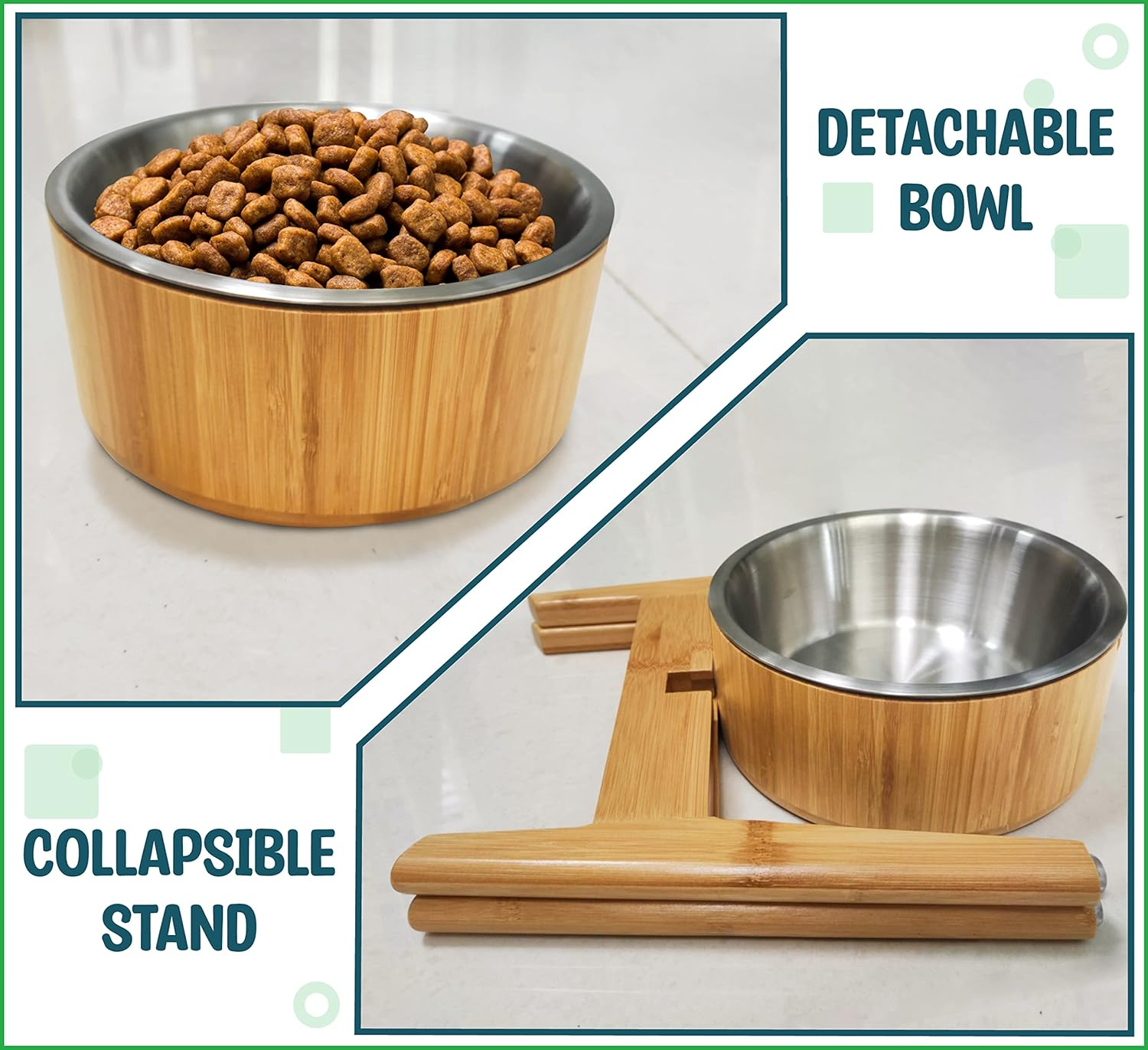 Raised Dog Bowl - Elevated 12-Inch, Large Breeds Treats, Dry and Wet Foods Suitable - Deter Ants/Bugs, Resist Tip-Over - Bamboo/Steel Bowls image number 4