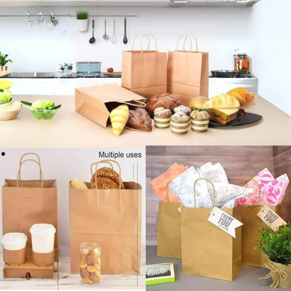 Jindizi 50 Pcs Natural Paper Gift Bags Kraft Paper Bags with Handles,Gift Bag,Small Gift Bags，For Gifts,Business, Shopping, Retail Merchandise Bags（21 * 27 * 14Cm）