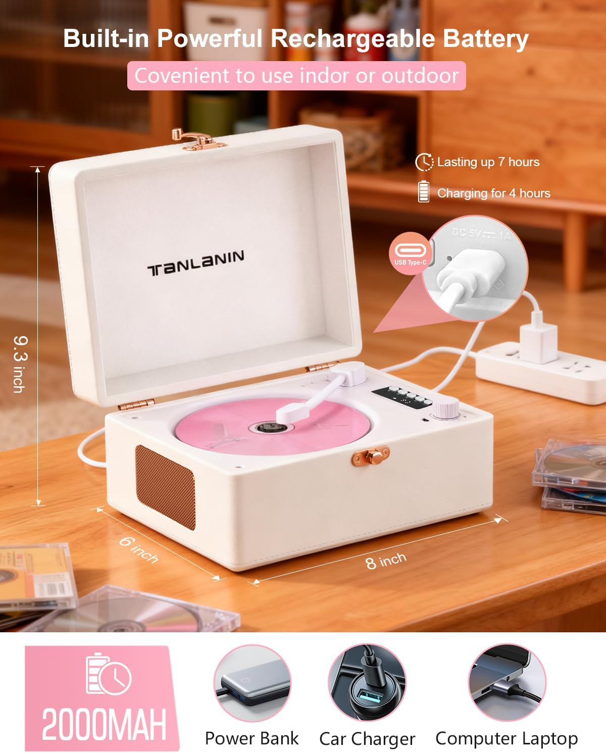 Vintage Desktop CD Player with Speakers, Rechargeable Battery, Portable Retro Suitcase CD Player for Home with Bluetooth Out & Input, USB Playback, Aux-In, Headphone Jack, White image number 6