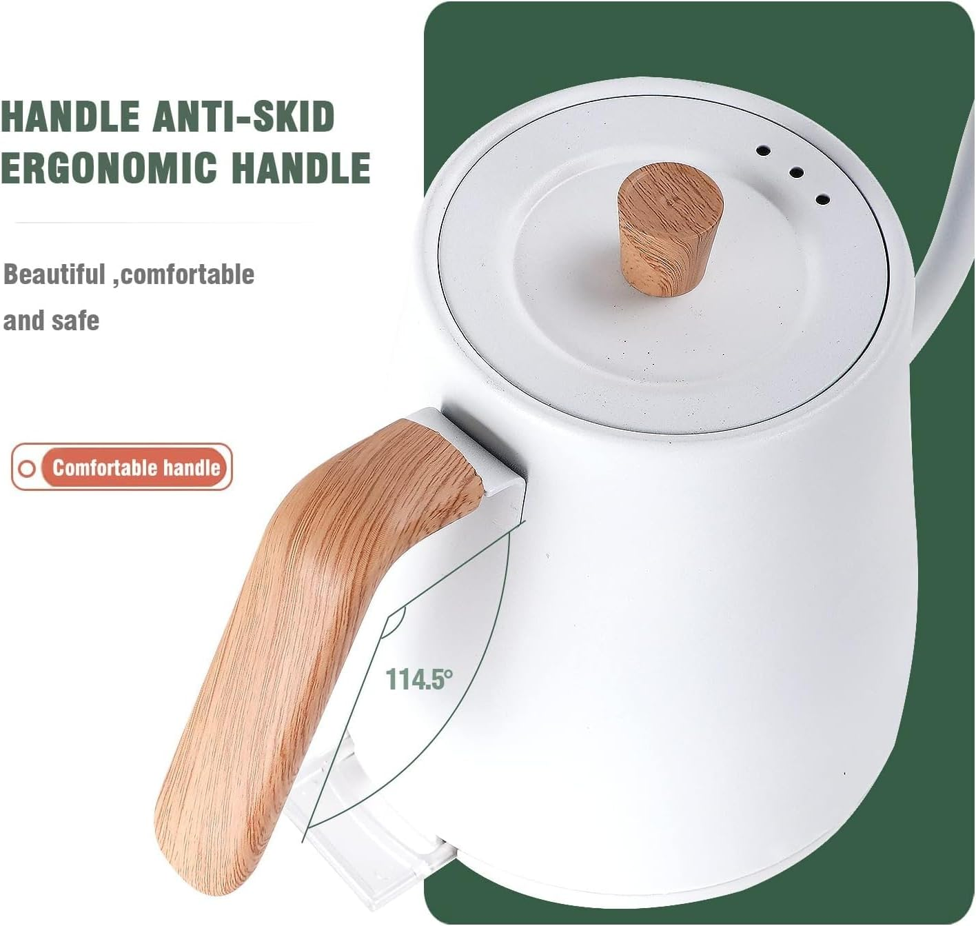 Gooseneck Electric Kettle 0.8L,304 Stainless Steel for Pour-Over Coffee & Tea, 1000W Rapid Heating, Leak-Proof Design, Auto Shutoff Anti-Dry Protection, Wood Handle (White) - White image number 4