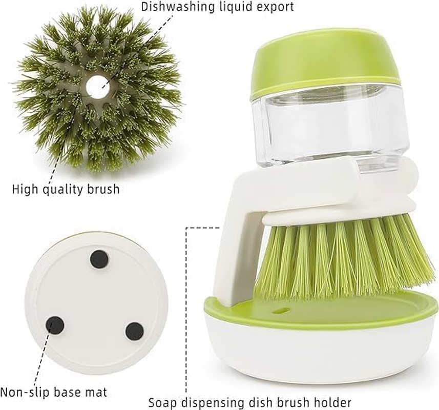 3-In-1 Soap Dispensing Cleaning Palm Brush,1Pc Soap Dispensing Palm Brush,Kitchen Cleaning Brush Liquid Addition Soap Brush,Press Cleaning Brush Kitchen Pot Cleaning Brush with Soap Dispenser,Green - Grey image number 3