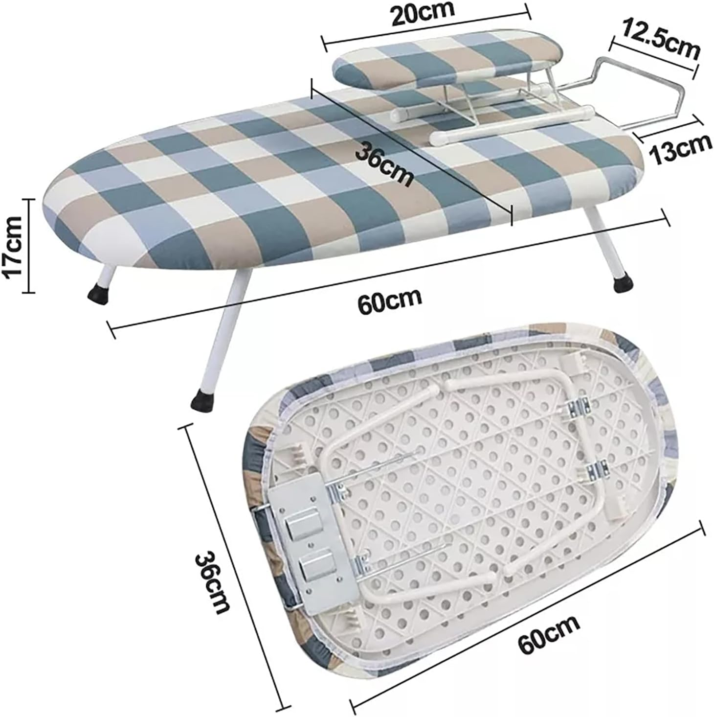 GOTILING Foldable Ironing Board - 60X37X17Cm Compact Steel Frame with Removable Cover, Sleeve Board and Wall Hook for Laundry and Travel