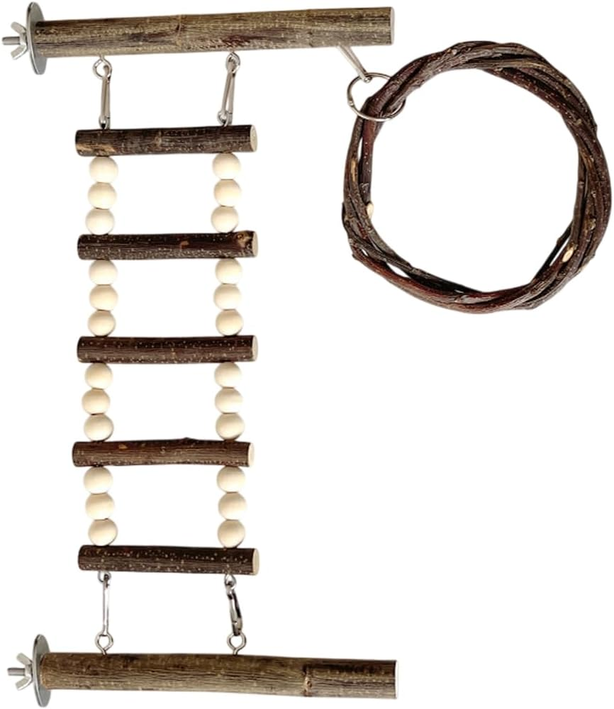 AIMALL Wooden Parrot Climbing Ladder and Swing Toy Set, Cage-Mount Interactive Bird Perch with Suction Cup or Nut Washer Fixing, Natural Log Design, 14.96X7.87 Inches image number 3