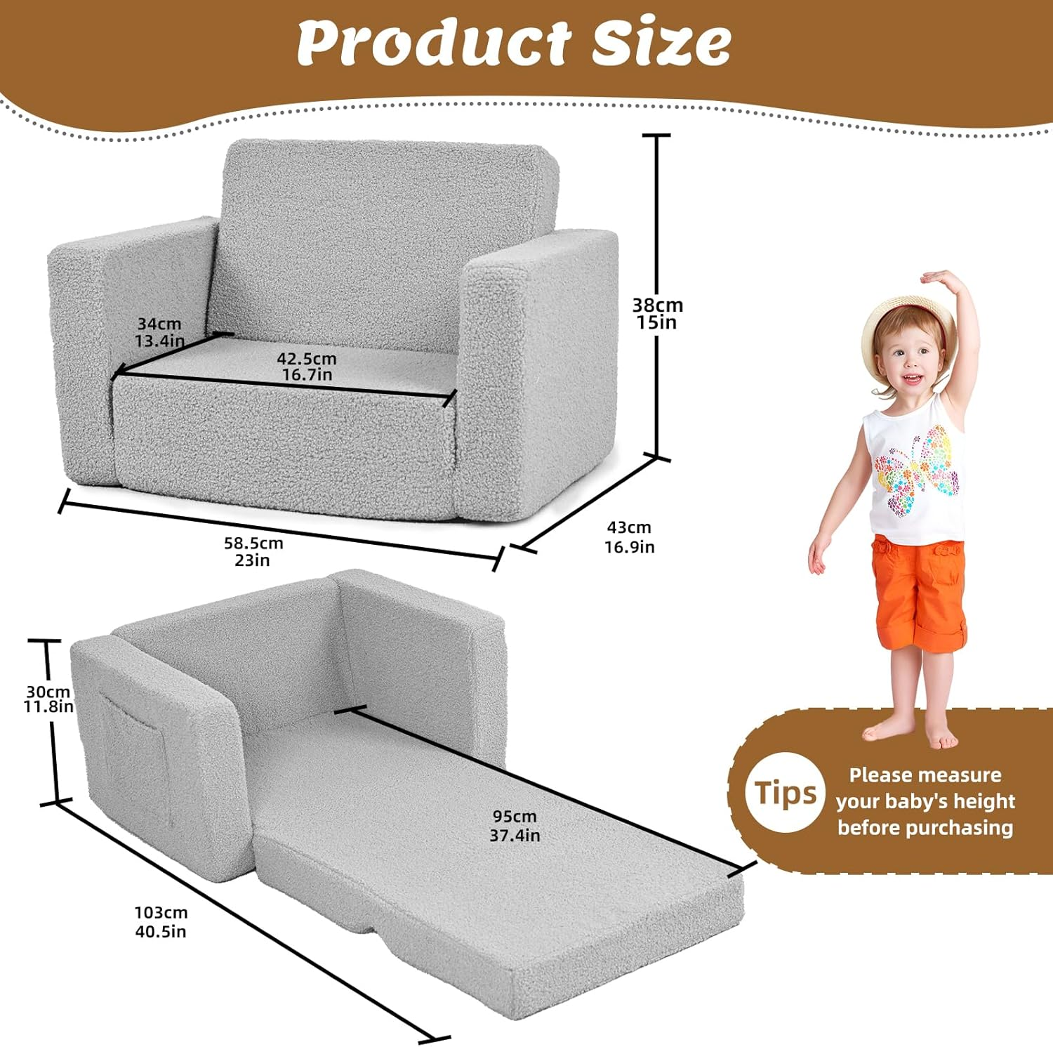 FAYDUDU Kids Sofa, 2-In-1 Fold Out Soft Toddler Couch, Kids Sofa Bed with Washable Covers, Toddler Chair with Side Pocket Suitable for Playroom and Bedroom, Baby Sofa for Boys and Girls (Gray, S) image number 5