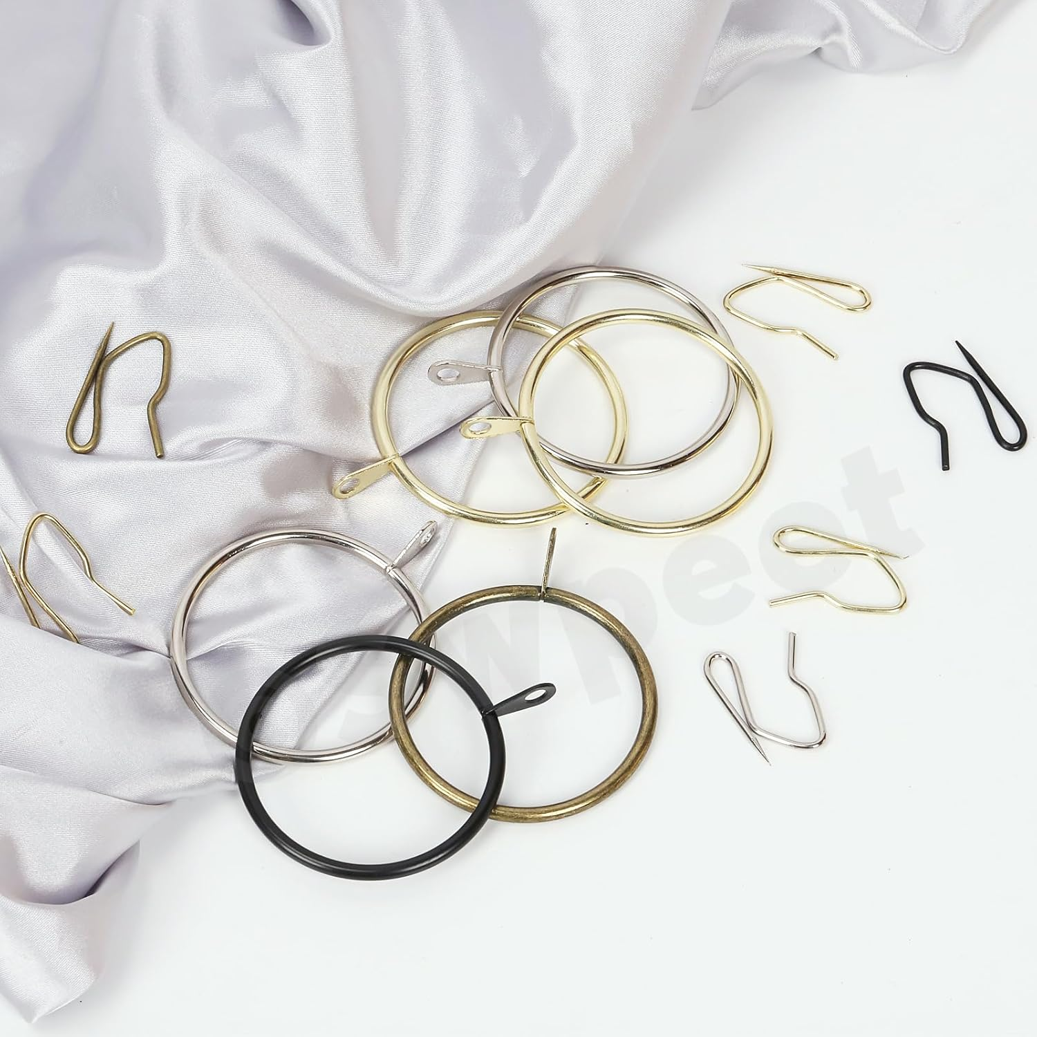 Swpeet 60Pcs 50Mm/2" Inner Diameter Black Metal Curtain Ring with Pin-On Drapery Hooks Assortment Kit, Drape Sliding Eyelet Ring Metal Curtain Hooks, for Window Door Shower Curtain image number 4