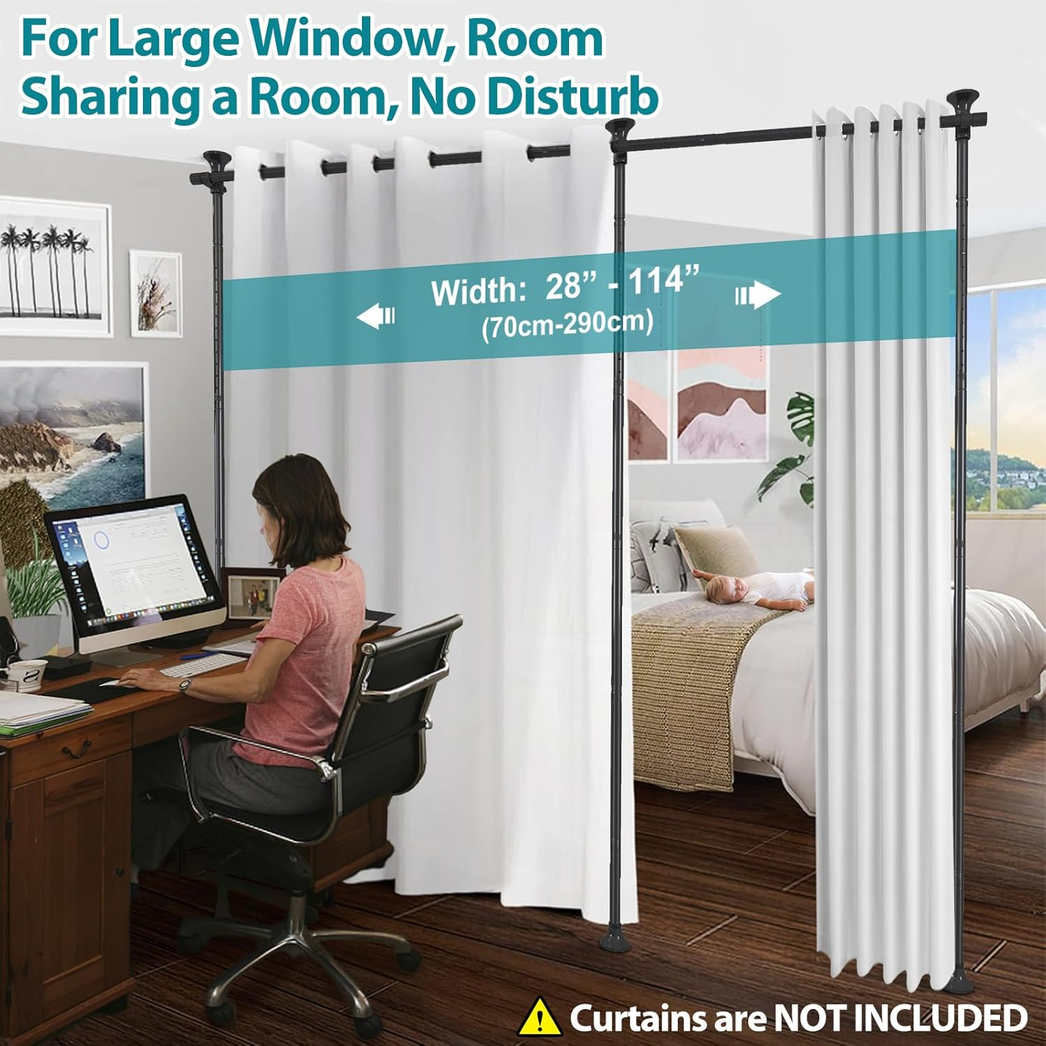 Room Divider, No Drilling Curtain Rods Hanging Wall Divider for Room Separation, 120&rdquo; Tall 114&rdquo; Wide Adjustable Floor to Ceiling Partition Room Dividers, Heavy Duty Corner Room Divider Curtain Rods image number 4