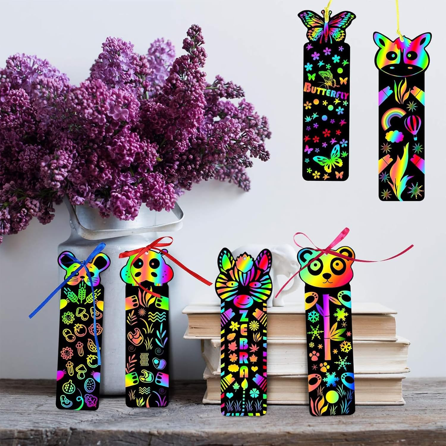 60Pc Animal Scratch Art Bookmarks Kit with 30 Wooden Styluses & 60 Ribbons - Creative DIY Craft Party Favors for Kids, Classroom Rewards, Birthday Gifts for Girls Boys (Rainbow Design)