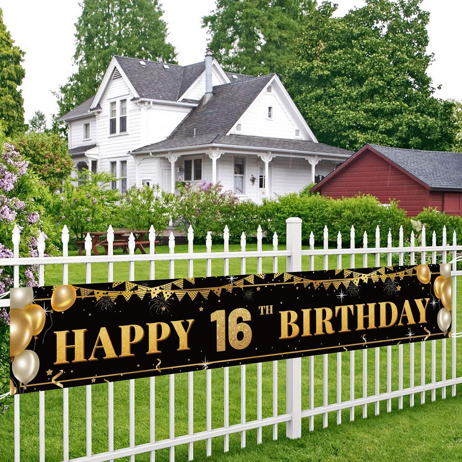 Large Happy 16Th Birthday Decoration Banner, Black and Gold Happy 16Th Birthday Banner Sign, 16Th Birthday Party Decorations Supplies(9.8X1.6Ft) image number 5