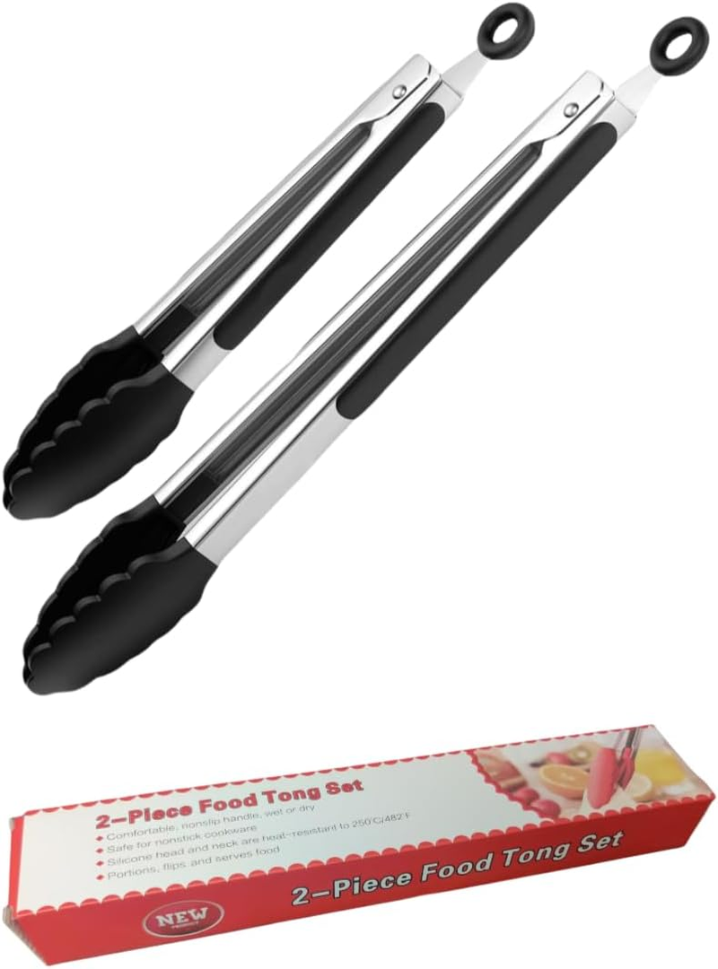 Premium Silicone Kitchen Tongs 12" & 9" Set of 2 Black BPA Free Lockable Stainless Steel for Grill Serving Cooking by ZOLOTI image number 1