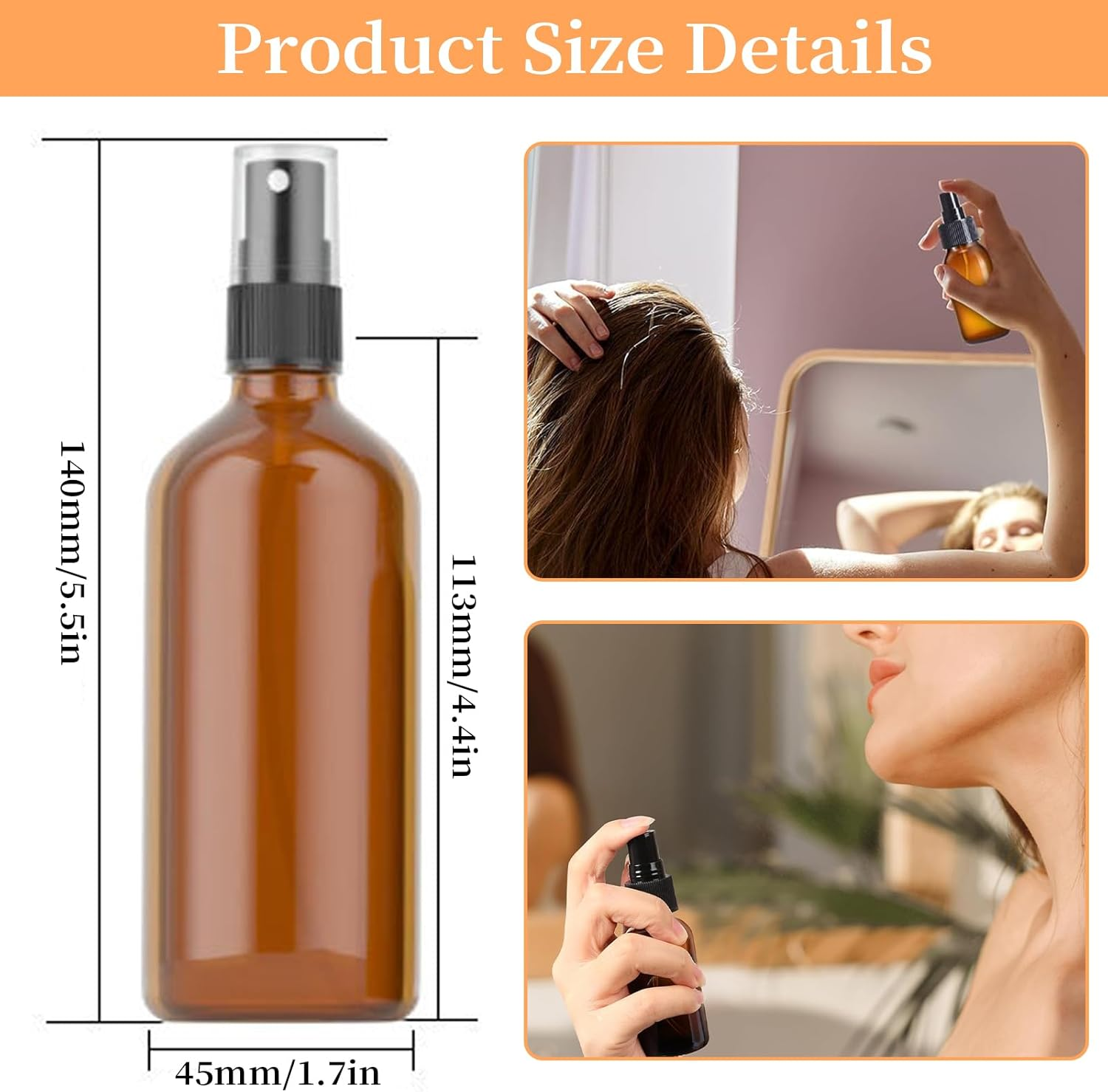 5 PCS Amber Glass Spray Empty Roller Bottles with Fine Mist Sprayer & Dust Cap Refillable Essential Oils Clear Containers Skin Care Atomizer Liquid Cosmetic Bottle for Travel Beauty Cleaning (100ML) image number 5