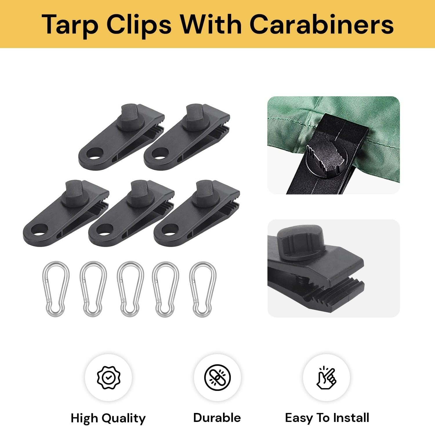 EZONEDEAL 5 Pcs Tarp Clips Heavy Duty Lock Grip, Tent Clamps with Thumb Screw and Bungee Ball Cords Clip & Carabiner for Fixing Tarps, Awnings, Tarpaulin, Camping, Caravan Canopies, Car Cover Clamp