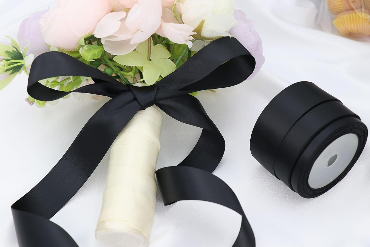 Black Satin Ribbon Double Faced Ribbon 3 Rolls (1/4 Inch, 5/8 Inch, 1 Inch), Fabric Ribbon Use for Gift Wrapping, Wedding Party Decoration, Hair Bows, DIY Crafts, Total 30 Yards - Gold image number 5