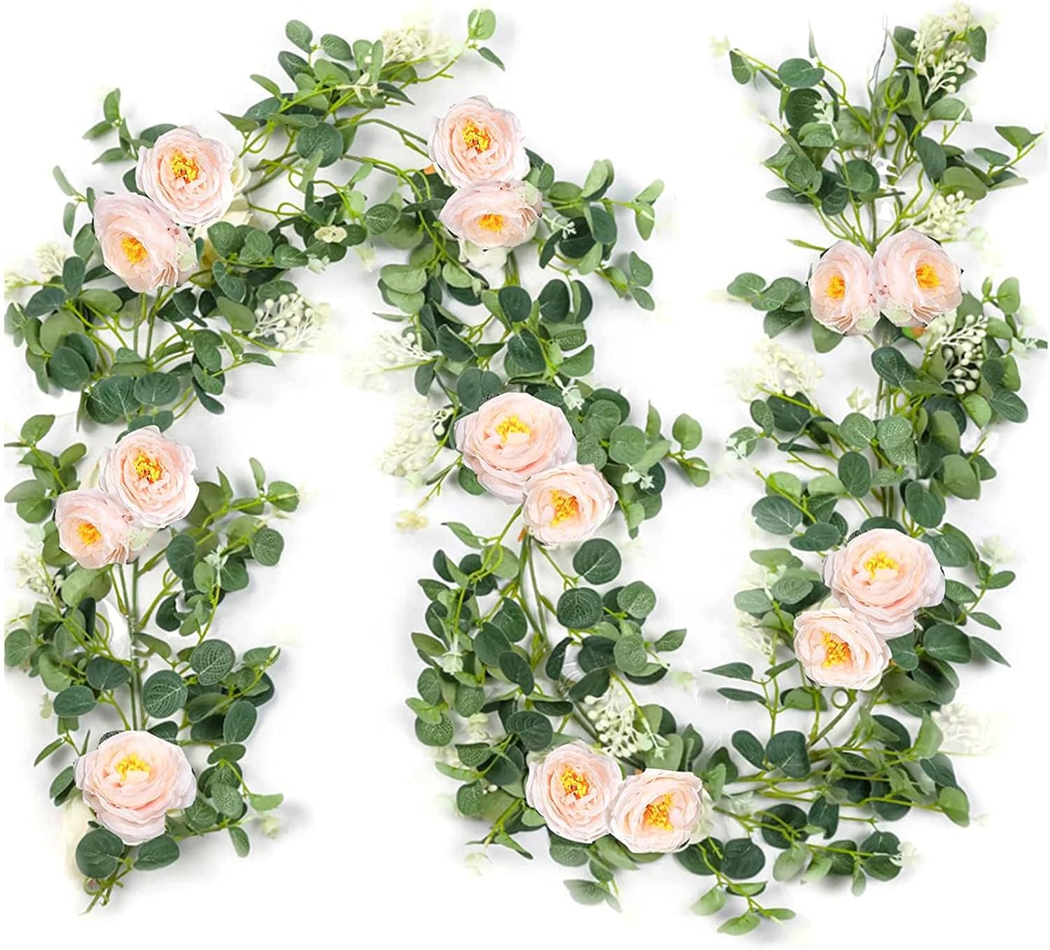 Qeunrtiy 2 Pack Eucalyptus Garland with Champagne Rose, Greenery Garland Bulk Artificial Silk Floral Eucalyptus Leaves Vines(B) image number 3