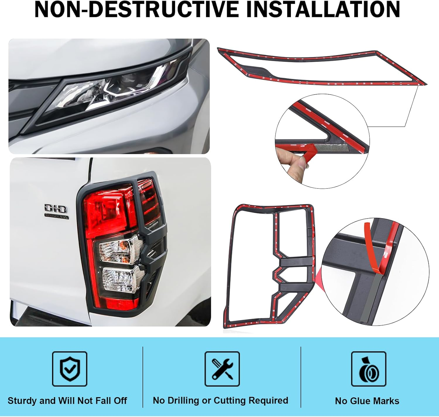 For Mitsubishi Triton MR 2019-2023 Accessories Headlight Tail Light Cover Trims, Front Rear Light Lamp Guard Protector Cover Trim Surround Frame, Matte Black Ute Exterior, 4Pcs/Set image number 6