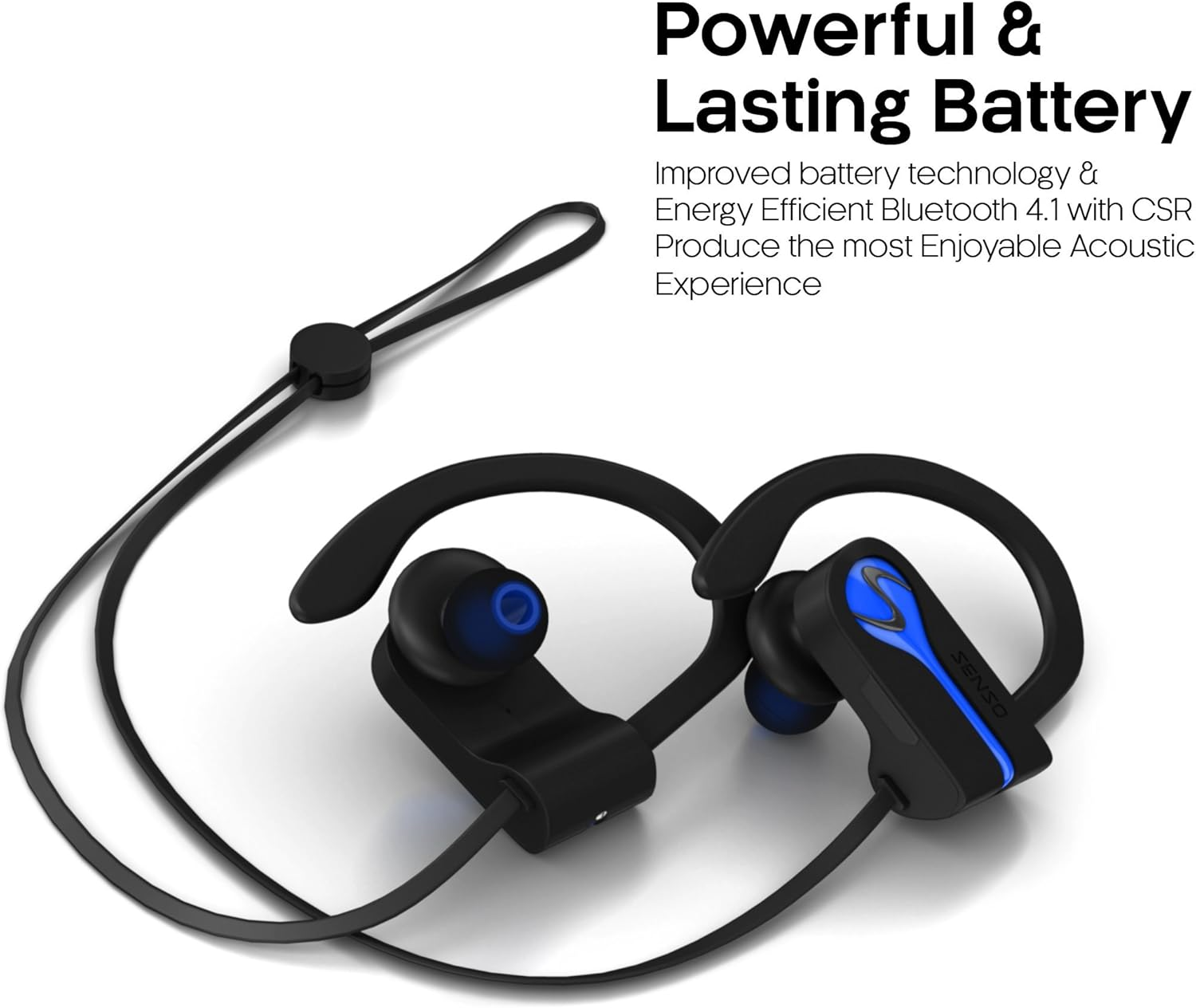 SENSO Bluetooth Wireless Headphones, Best Sports Earphones W/Mic IPX7 Waterproof HD Stereo Sweatproof Earbuds for Gym Running Workout 8 Hour Battery Noise Cancelling Headsets Cordless Heapdhone - Blue